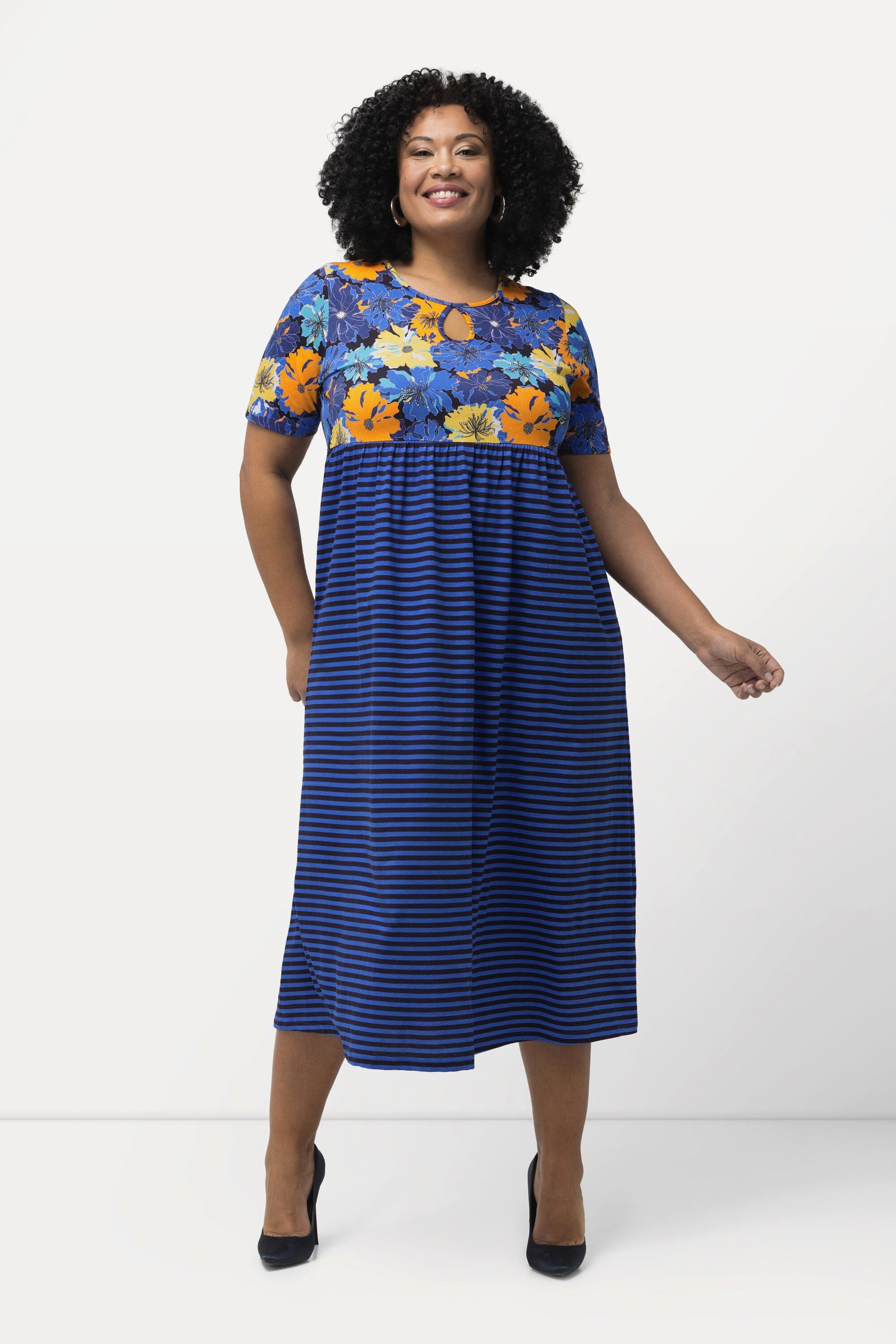 Ulla Popken Maxikleid Jerseykleid Blüten/Streifen A-Linie günstig online kaufen