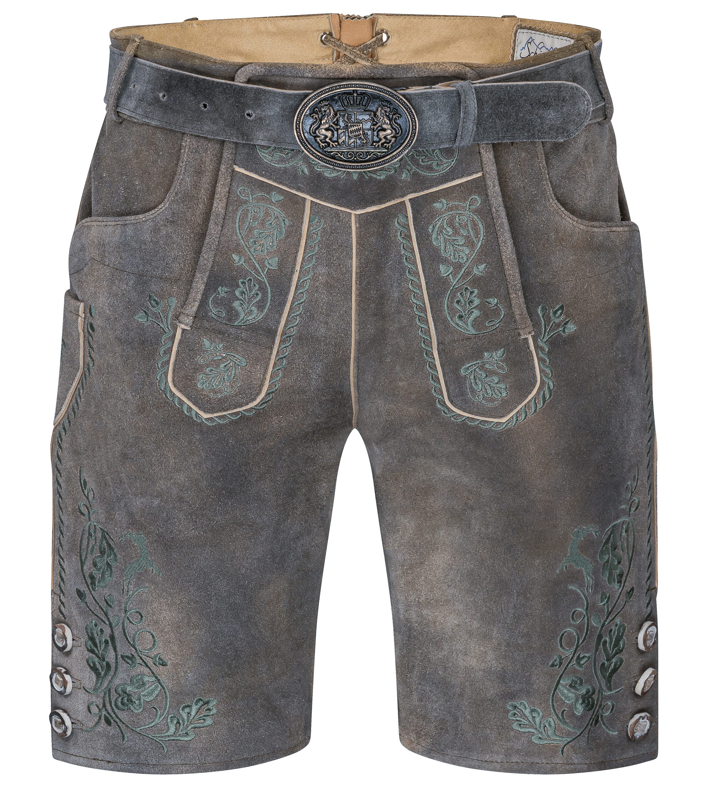 Schöneberger Trachten Couture Trachtenlederhose Lederhose Herren kurz Antik mit Trachtengürtel für Oktoberfest Stickereien, echtes Nubukleder, inkl. Trachtengürtel