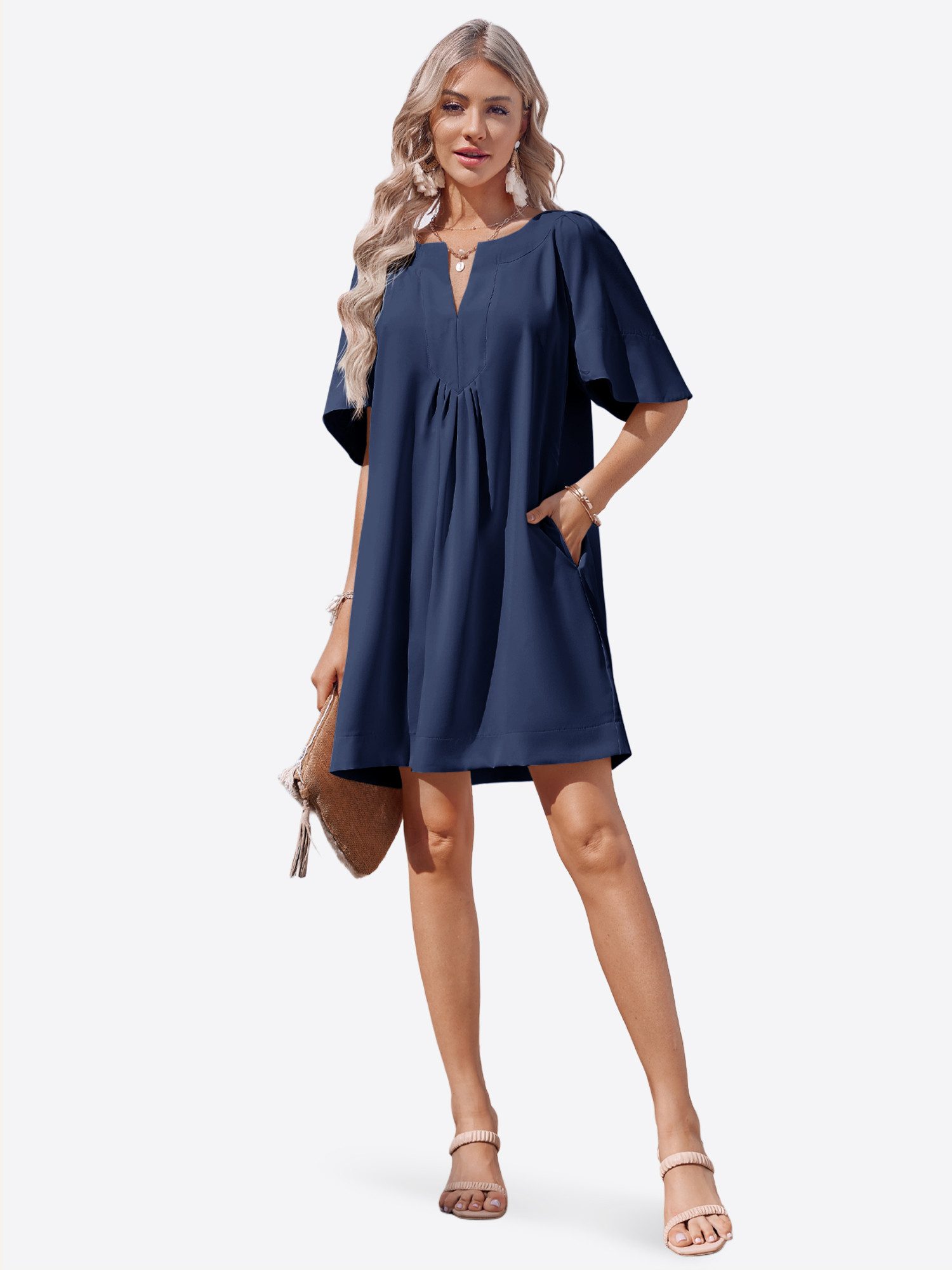Imily Bela Minikleid Damen Lockeres Kleid mit V-Ausschnitt & Trompetenärmeln (Packung, 1-tlg., 1per-Pack) Mit Seitentaschen