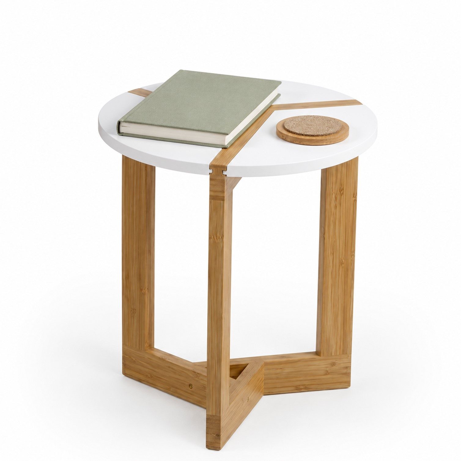 HOOZ Beistelltisch Bambus Sofatisch rund Couchtisch Set Wohnzimmer Weiß-Natur Ø 40 cm (Einzelteil, 1-St., bestehend aus einem Kaffeetisch), Stilvoller Satztisch aus Bambus für Wohnzimmer und Schlafzimmer