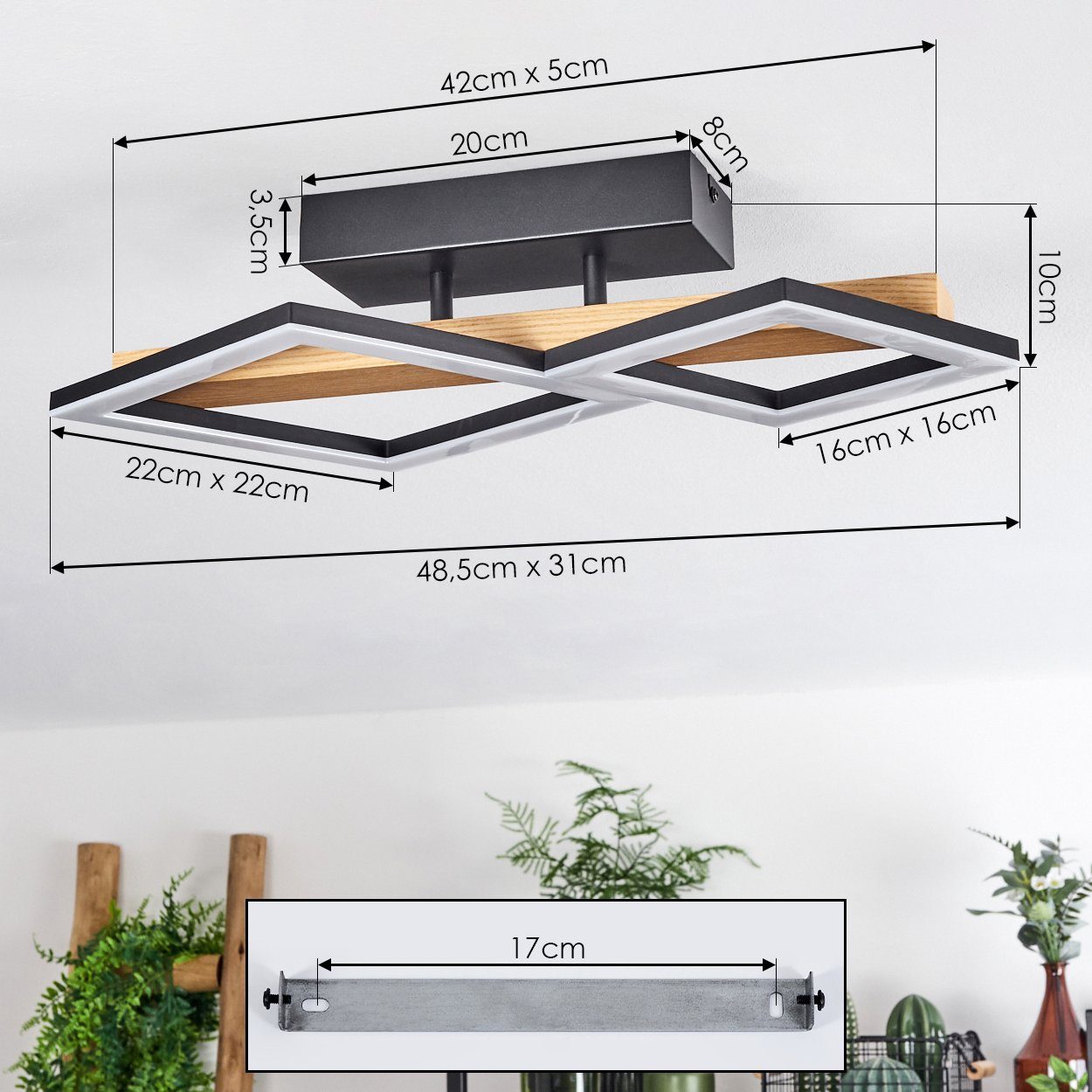 1xLED Metall/Holz/Kunststoff, Leuchte 3000 Schwarz/Natur/Weiß, mit Echtholz, 1150 aus hofstein Kelvin, Watt Lumen, 19 Deckenlampe, Balken »Stoccareddo« Deckenleuchte