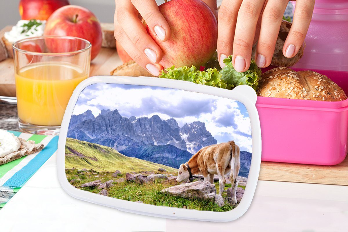 MuchoWow Lunchbox Alpen - Kuh Kunststoff, Kinder, (2-tlg), Berg, rosa für Brotdose Kunststoff - Snackbox, Brotbox Mädchen, Erwachsene