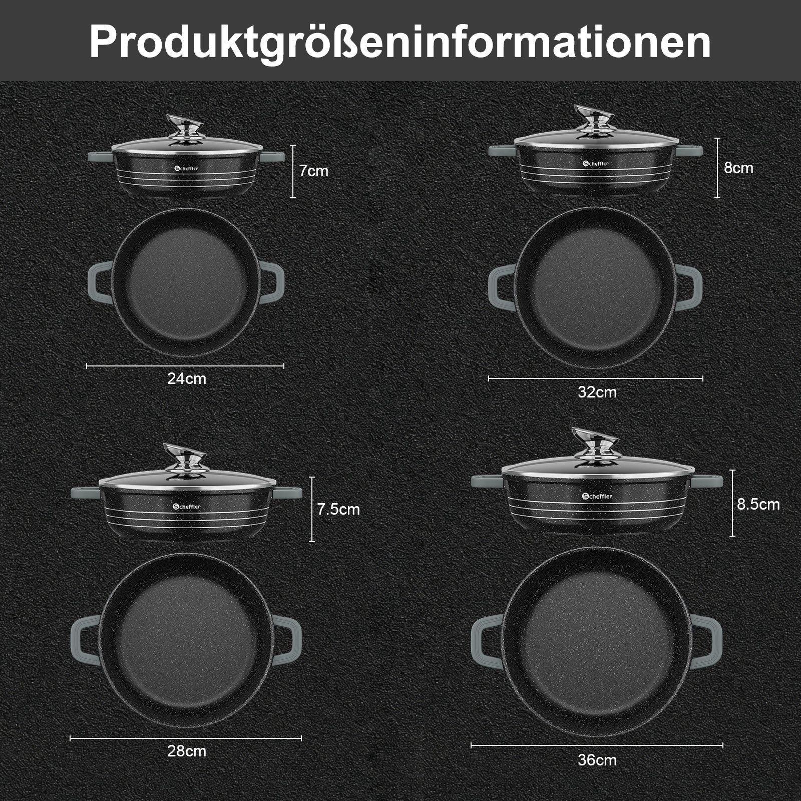 Scheffler Topf-Set 6-tlg Kochtopf Set Induktions Servierpfanne Antihaftbeschichtung, Aluminium (Topf), mit Glasdeckel