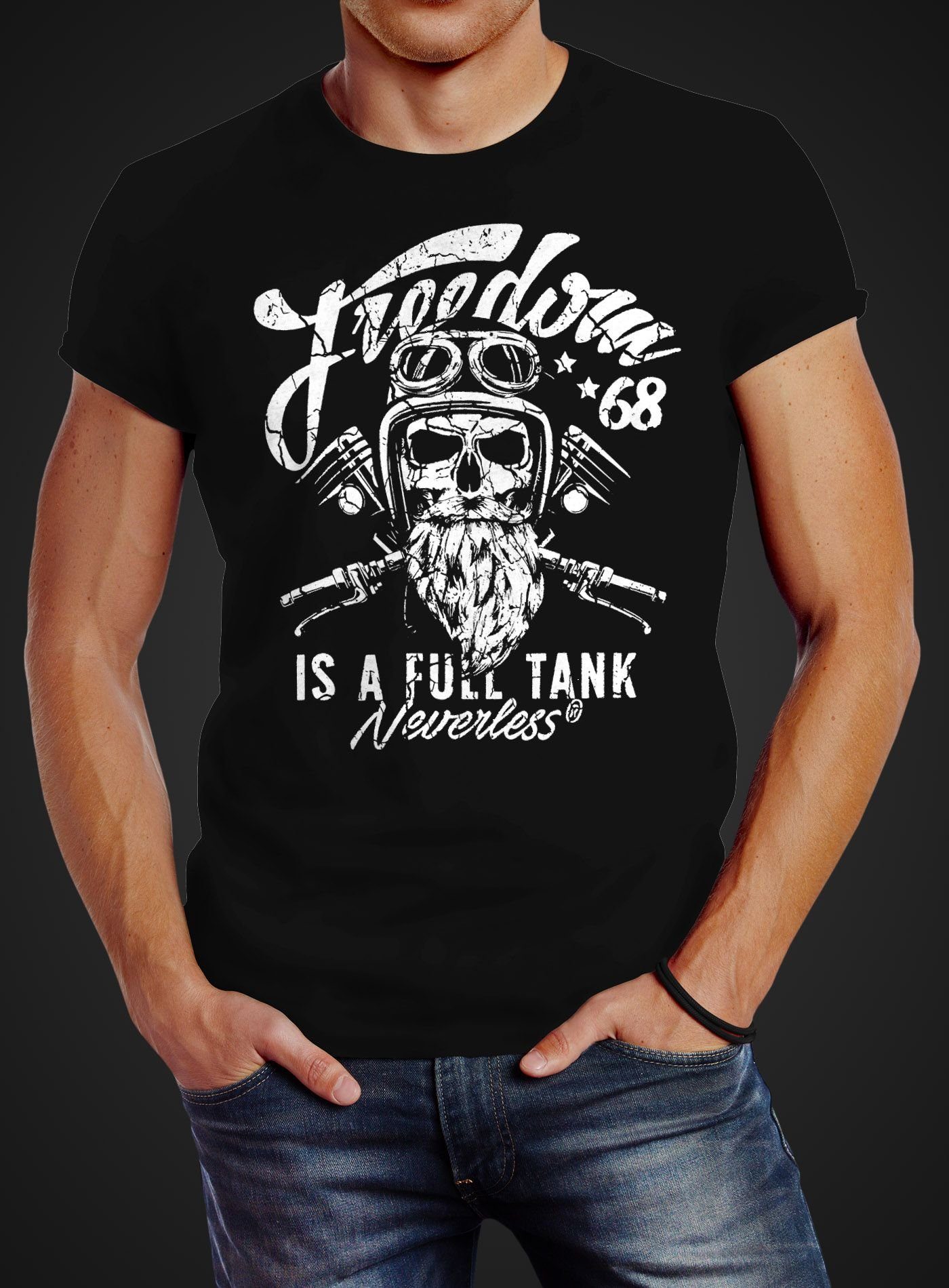 Tank full Motorrad schwarz Skull T-Shirt is a mit Freedom Herren Print-Shirt Neverless Motiv Neverless® Totenkopf Biker Print Slim Fit