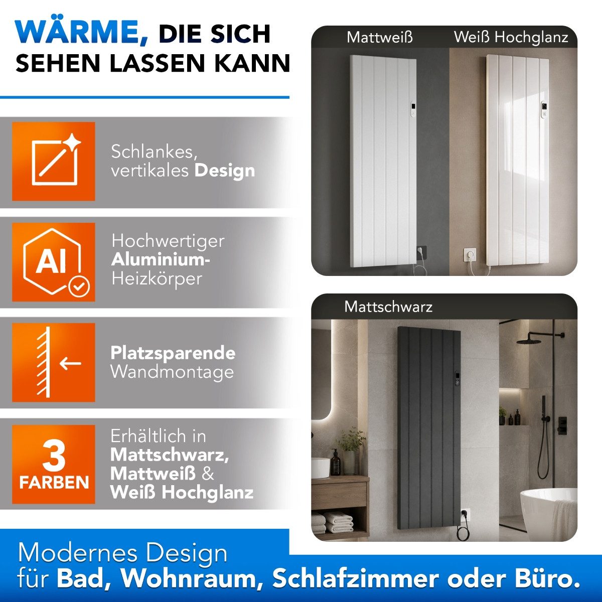 Belvit Elektro-Heizkörper 2000 W Weiß Hochglanz mit Smart WLAN und digitalem Thermostat, 3 Betriebsmodi, Urlaubsmodus, Fenster-offen-Erkennung, Kindersicherung