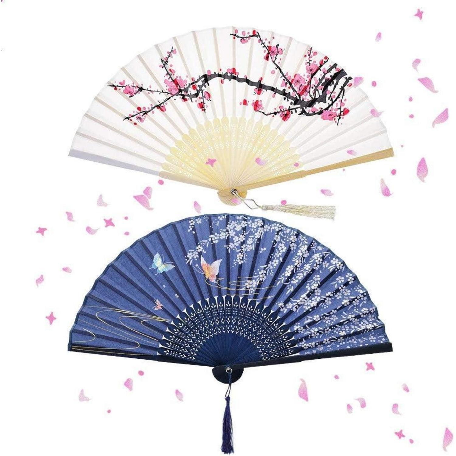 LuxusKollektion Trinkhalme Faltbare Handfächer 2 Stück Holz Stoff Bambus Damen Chinesischer Stil