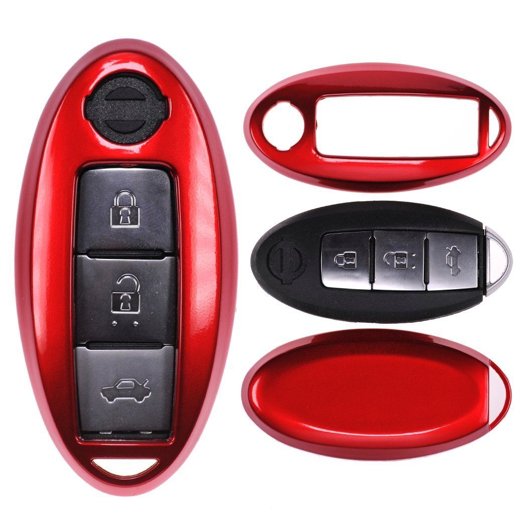 mt-key Schlüsseltasche Autoschlüssel Hardcover Schutzhülle Metallic Rot, für Nissan Qashqai Juke Micra Pulsar X-Trail Evalia Navra KEYLESS