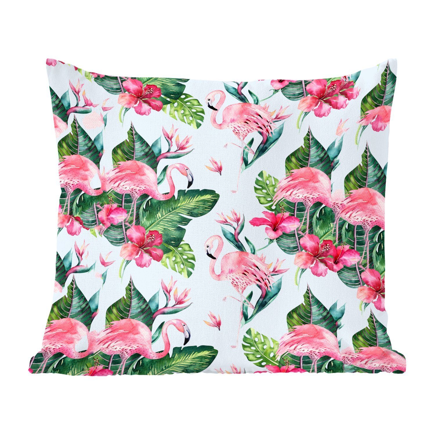 MuchoWow Dekokissen Flamingo - Blumen - Blätter - Muster, Zierkissen mit Füllung für Wohzimmer, Schlafzimmer, Deko, Sofakissen
