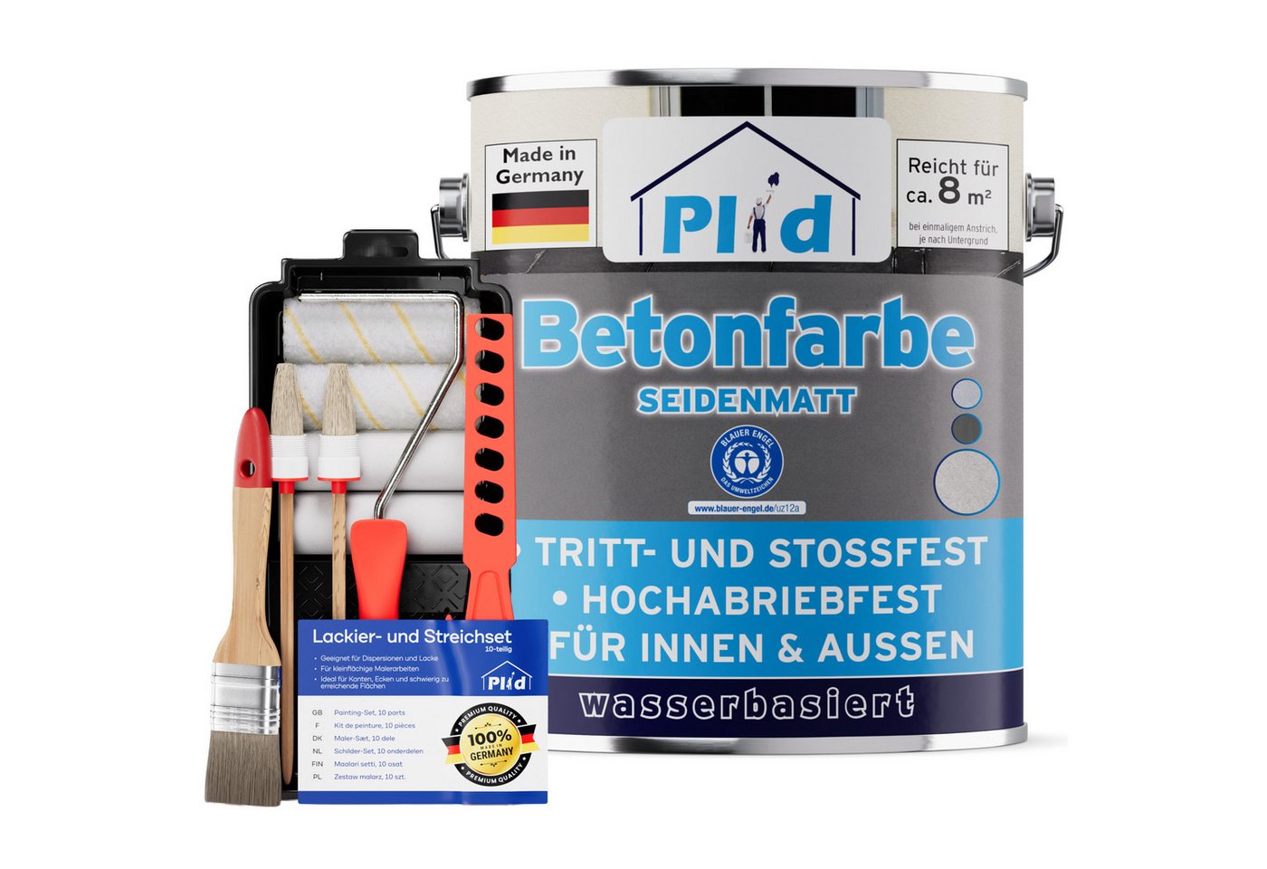 plid Acryl-Flüssigkunststoff Betonfarbe Sockelfarbe Bodenfarbe Bodenbeschichtung mit Streichset, Schnelltrocknend