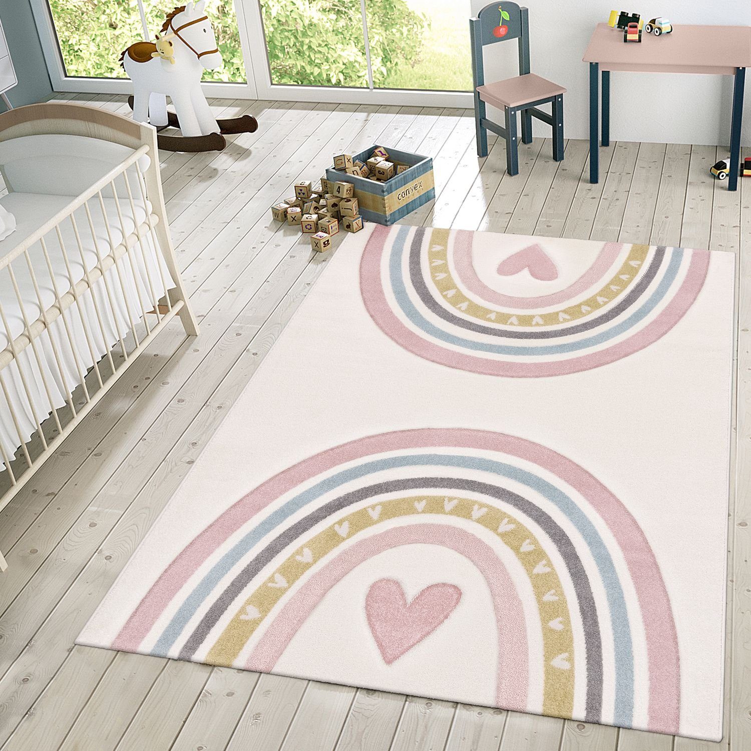 Kinderteppich Teppich Kinderzimmer Regenbogen Herz Muster, TT Home, rechteckig, Höhe: 16 mm