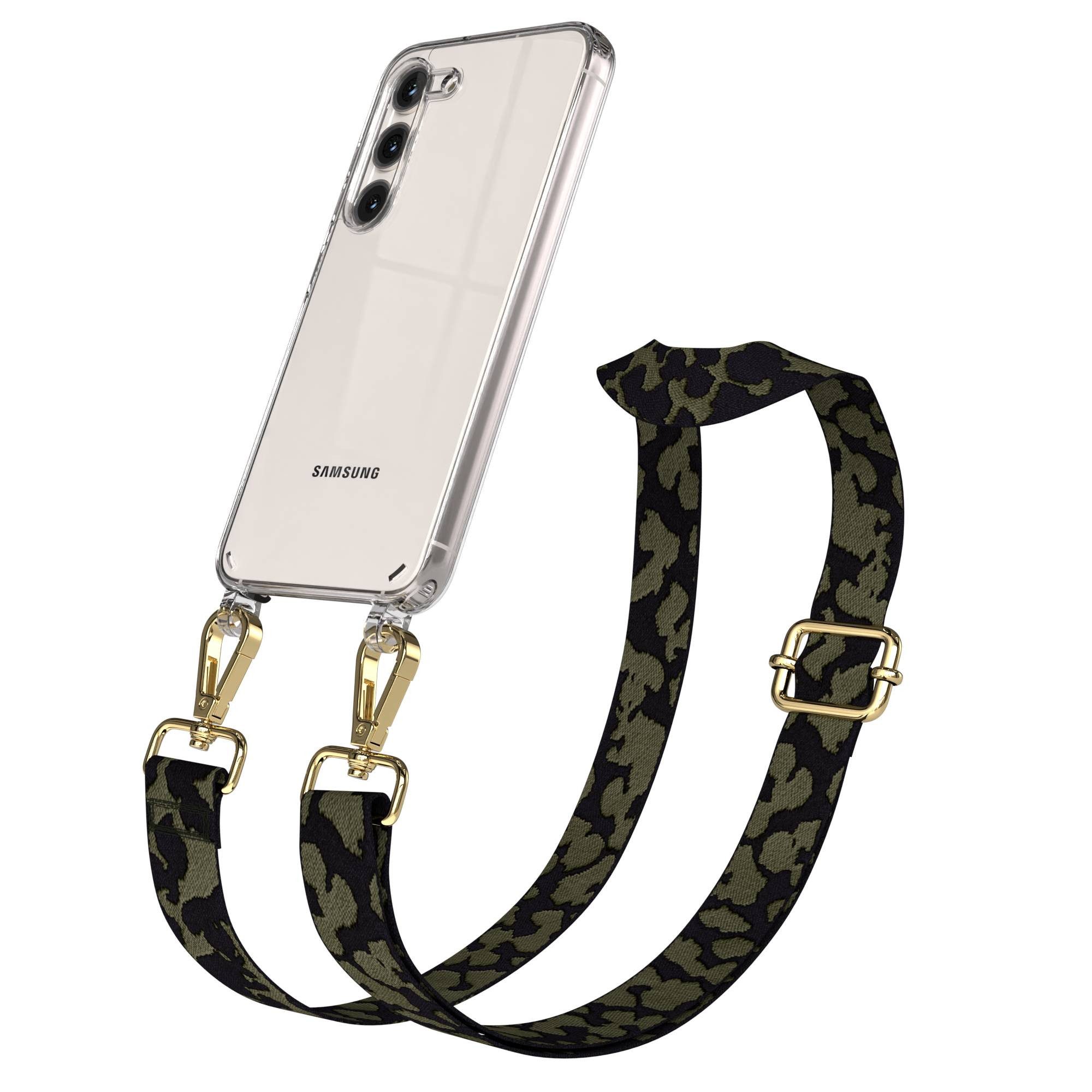 EAZY CASE Handykette Umhängeband für Samsung Galaxy S23 6,1 Zoll, Camouflage Handykette Hülle mit verstellbarem Band Dunkelgrün