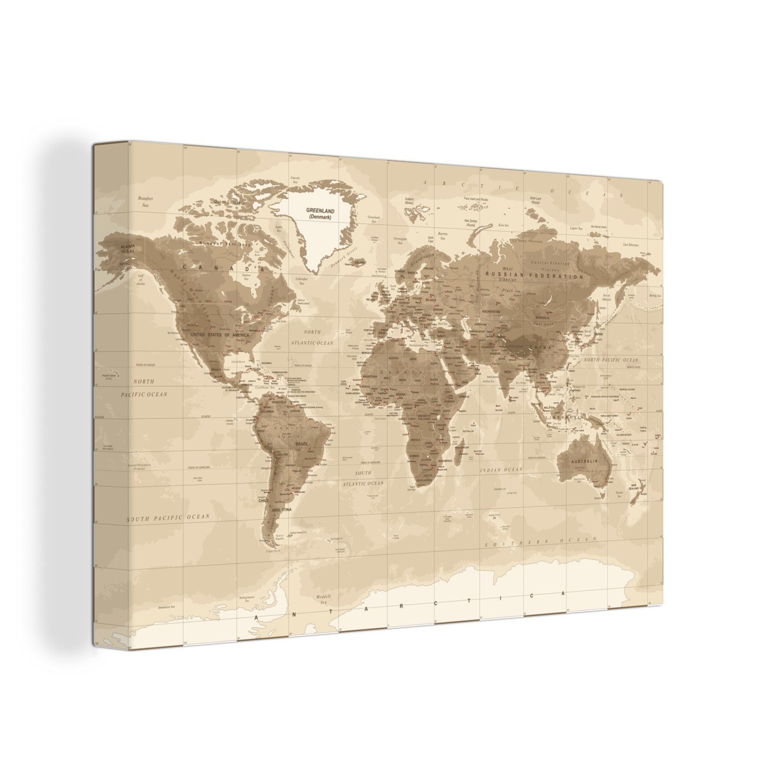 OneMillionCanvasses® Leinwandbild Weltkarte - Vintage - Braun, (1 St), Wandbild Leinwandbilder, Aufhängefertig, Wanddeko, 30x20 cm