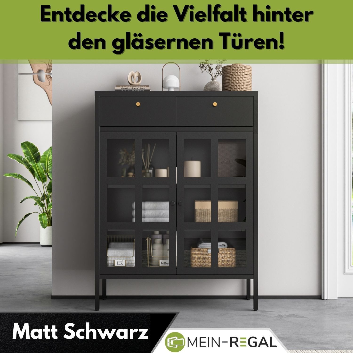 Mein-Regal Sideboard GLASGOW, Schwarz Wohnzimmer Highboard Kommode aus Metall Glastüren Schubladen