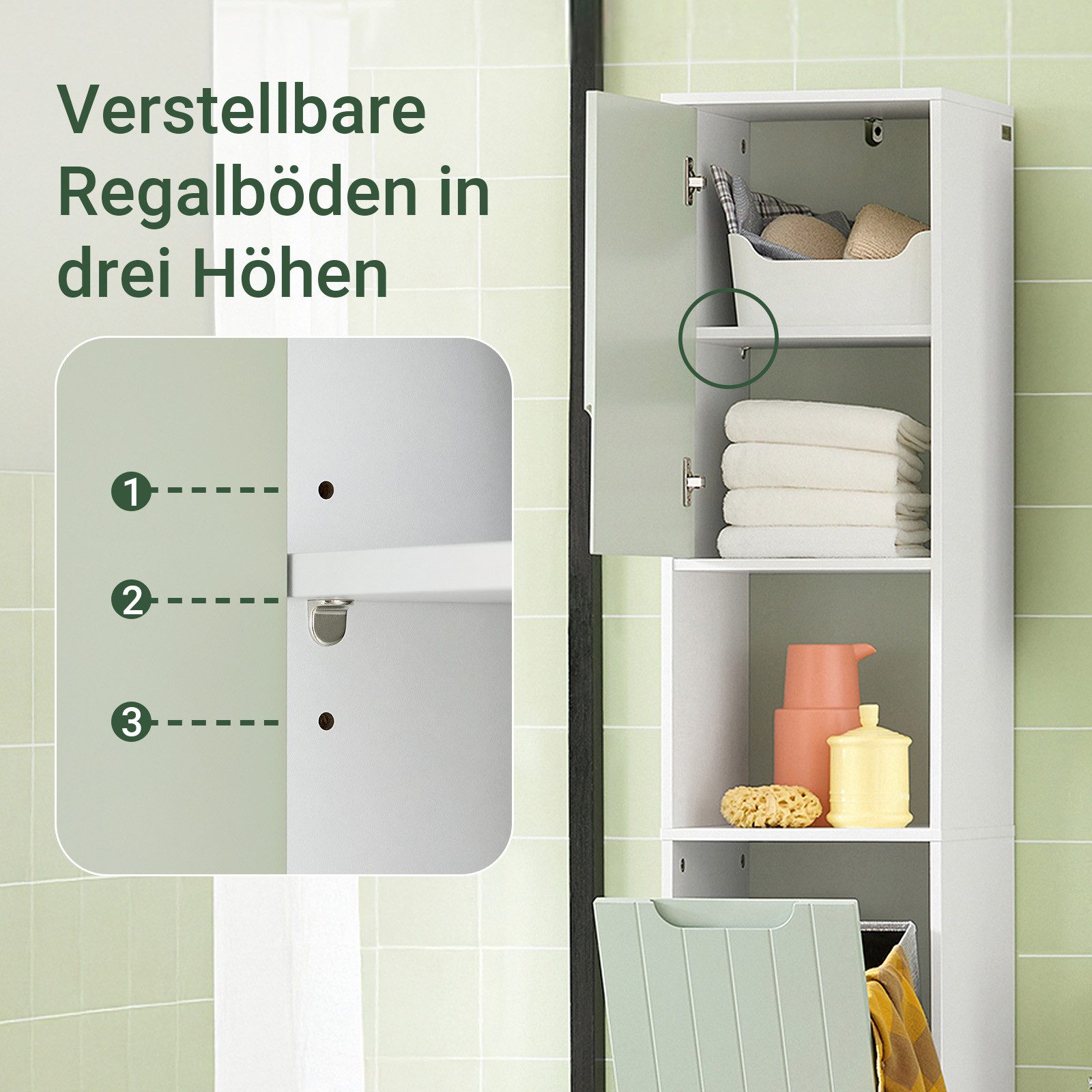 SoBuy Hochschrank BZR137, Badezimmerschrank Hochschrank, Badschrank Schmal, Badkommode Badezimmerschrank mit Wäschesack, verstellbare Ablagen, offenes Fach – Bild 4 von 5