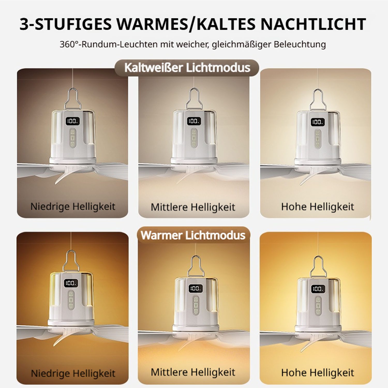 VIVIHEYDAY Deckenventilator Akku mit Beleuchtung Camping, Aufladbar Deckenventilator mit Licht, USB,Timer,Mobiler Ventilator Akku für Außenbereich, Pavillon Ter – Bild 5 von 5