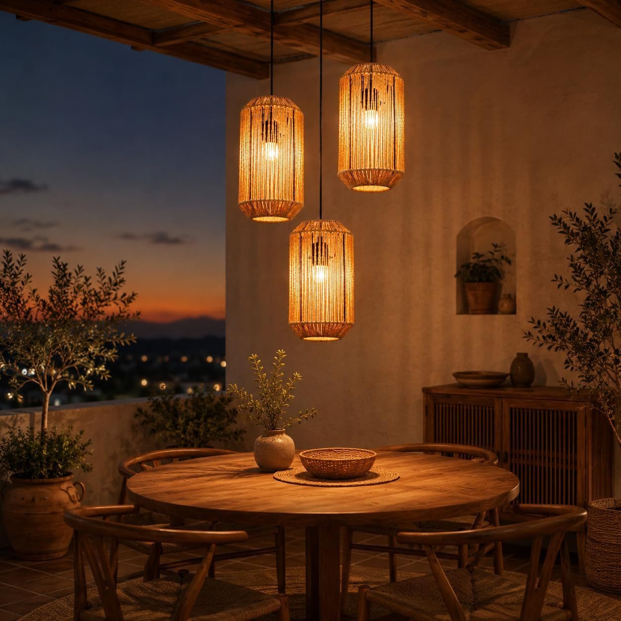 Nettlife Pendelleuchte Rattan 3 flammig Höhenverstellbar Boho E27 Hängeleuchte, Langballon-Flecht, Ohne Leuchtmittel, für Schlafzimmer Wohnzimmer/Ohne Leuchtmittel
