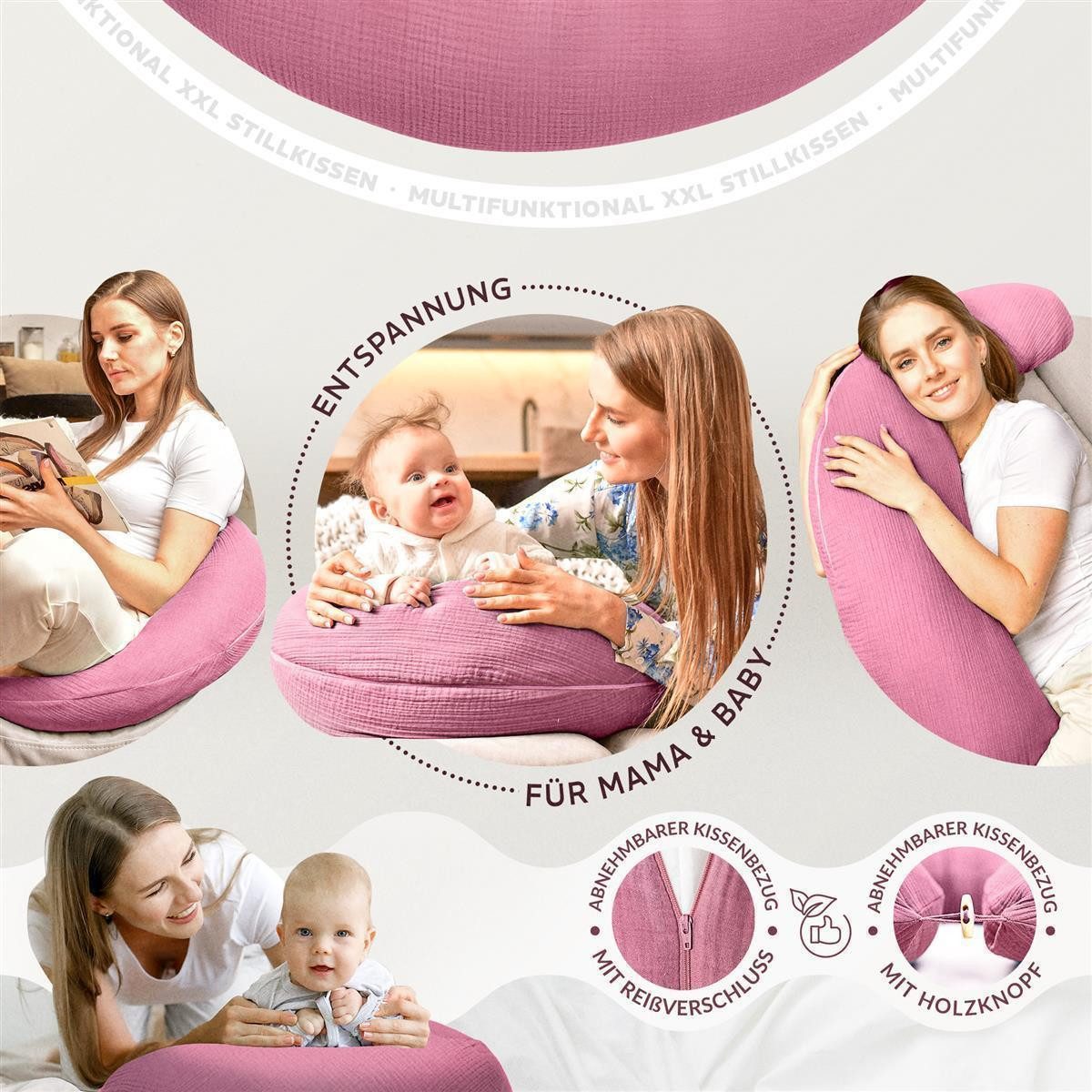 SEI Design Stillkissen Seitenschläferkissen Babynestchen Kuschelnest XXL Musselin Bezug, Schwangerschaftskissen mit Bezug, 1-tlg., Schwangerschaftskissen mit Be – Bild 2 von 5