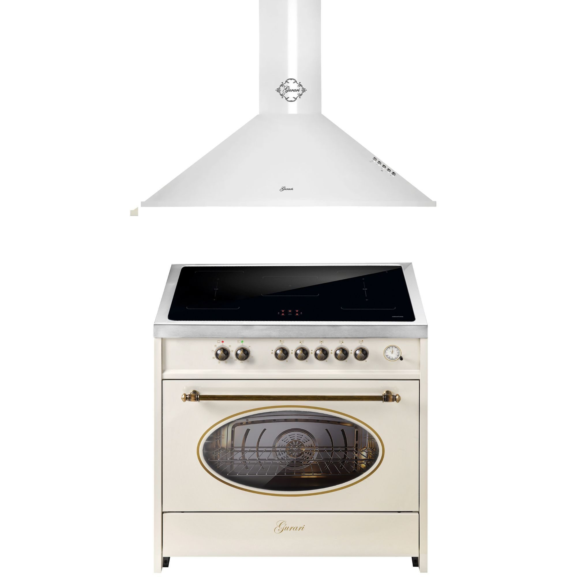 GURARI Induktions Herd-Set Retro Range Cooker 90 cm, FLEX ZONEN, Booster, 5 Zonen, 121L E 913 RU CR+Dunstabzugshaube 90 cm E 913 RU CR+GCH 046 WH 9., mit 1-fach-Teleskopauszug