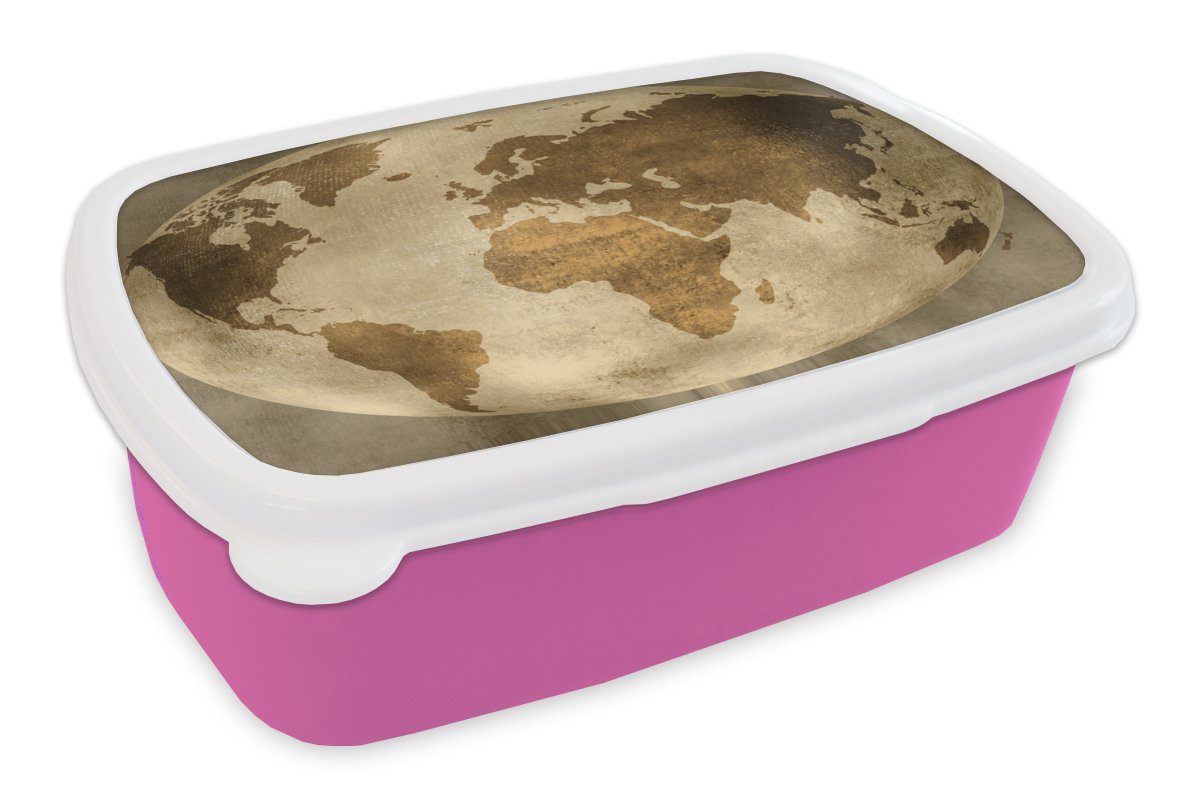 MuchoWow Lunchbox Weltkarte - Globus - Vintage, Kunststoff, (2-tlg), Brotbox für Erwachsene, Brotdose Kinder, Snackbox, Mädchen, Kunststoff rosa