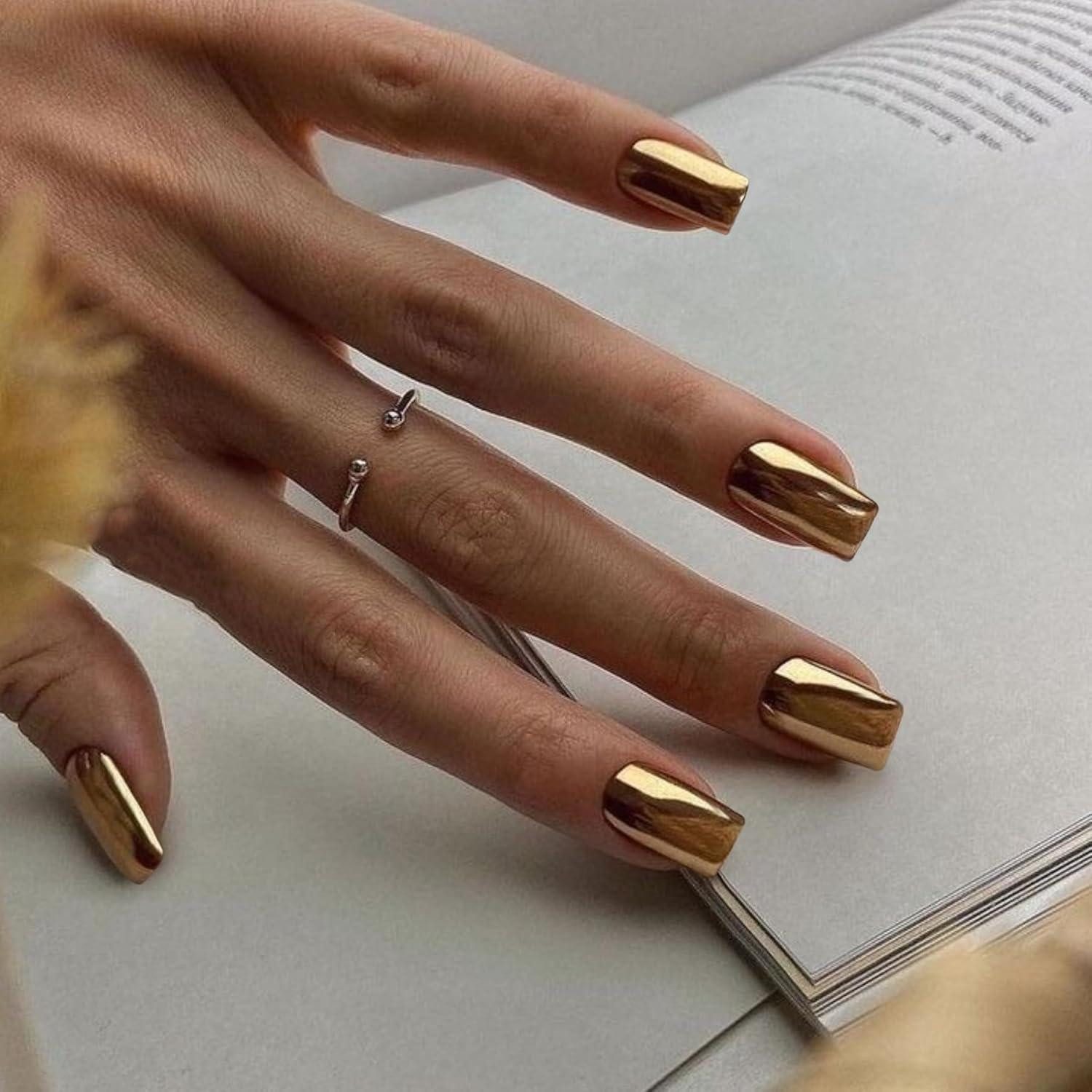 LuxusKollektion Kunstfingernägel Press On Nägel Chrome Eckig Acryl Sparkle 24 Stück Metallic Gold