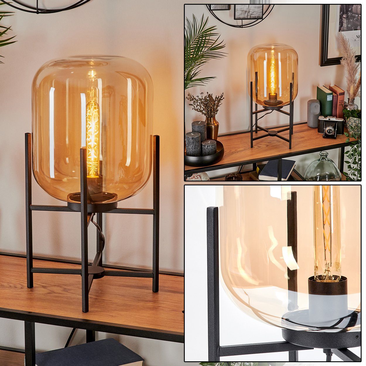 aus Leuchtmittel in Schwarz/Bernsteinfarben, ohne Glasschrim Metall/Glas Leuchtmittel, Tischlampe ohne Ø25cmr, Tischleuchte hofstein 1xE27, Nachttischlampe,