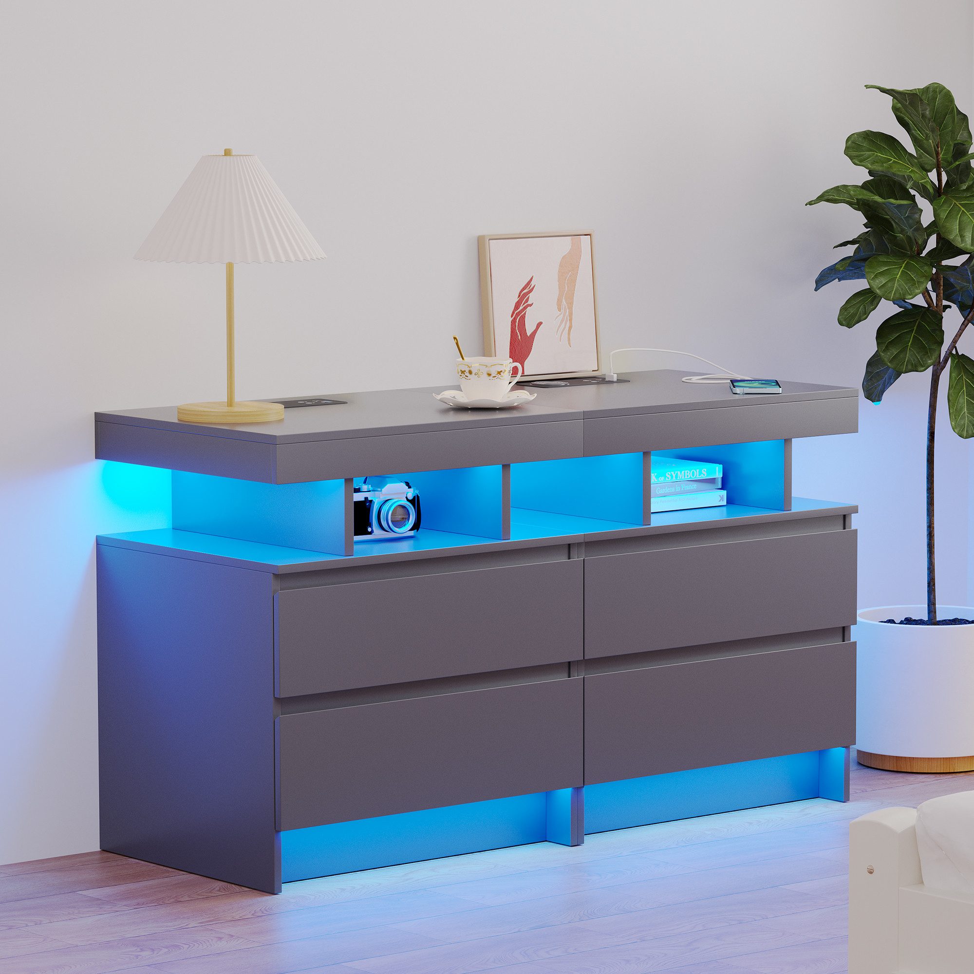 LVSOMT Nachttisch LED Nachttisch mit Ladestation, 3 Farben Licht und Steckd günstig online kaufen