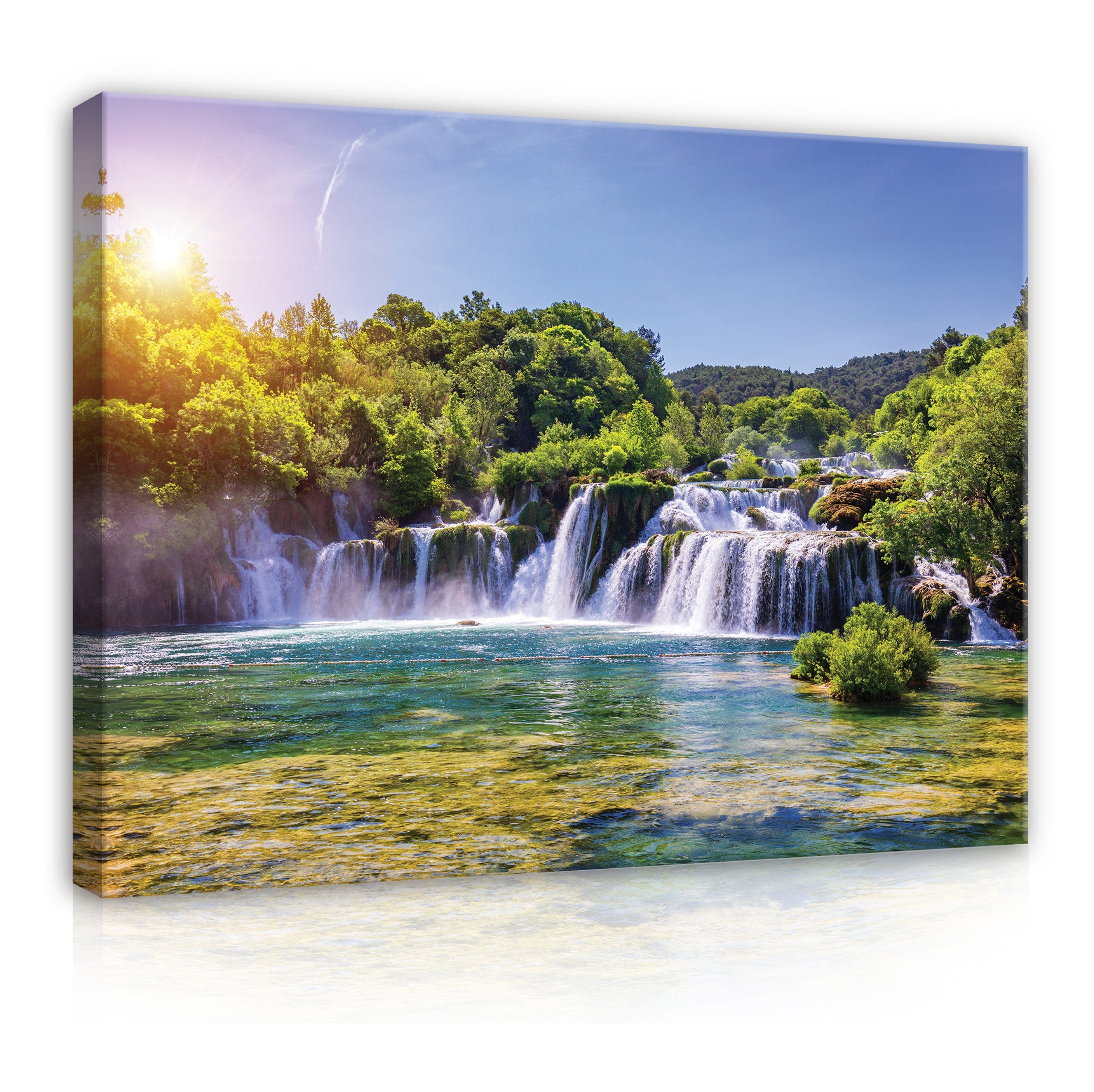 Wallarena Leinwandbild Wasserfall Wald Natur Modern, (Einteilig), XXL Leinwandbilder Aufhängefertig Wandbild Wasserfall Landschaft