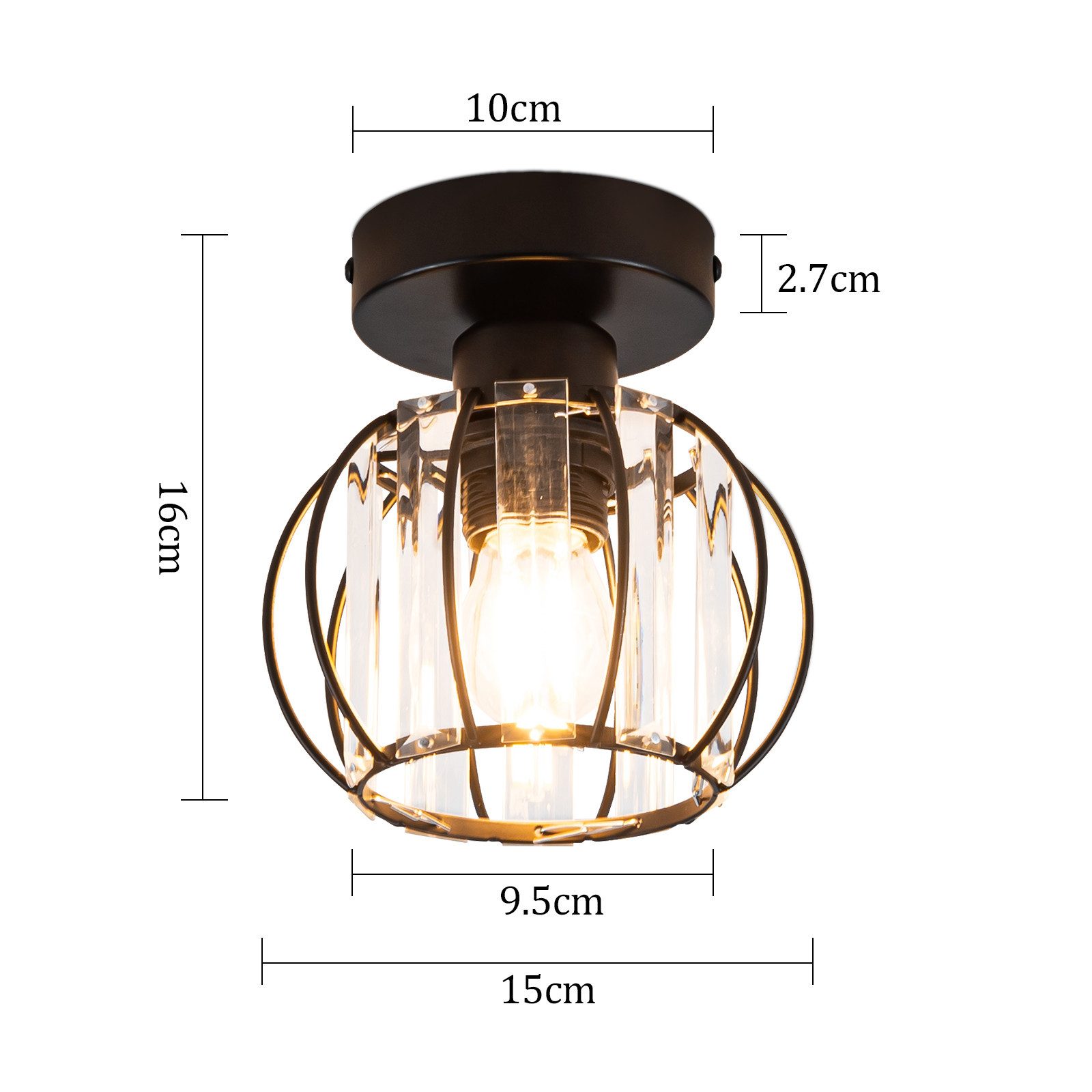 ZMH Deckenleuchte 15CM Wohnzimmer Schwarz Kristall Modern Deckenlampe E27 Vintage Flur, Einfache Installation, ohne Leuchtmittel, Küchenlampe mit Metall Rahmen Innen Hotel