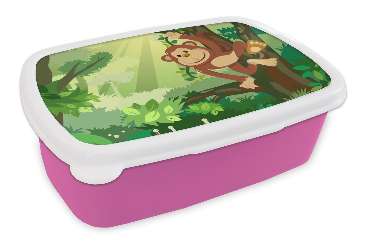 MuchoWow Lunchbox Affe - Dschungel - Jungen - Mädchen - Blumen - Kinder, Kunststoff, (2-tlg), Brotbox für Erwachsene, Brotdose Kinder, Snackbox, Mädchen, Kunststoff rosa