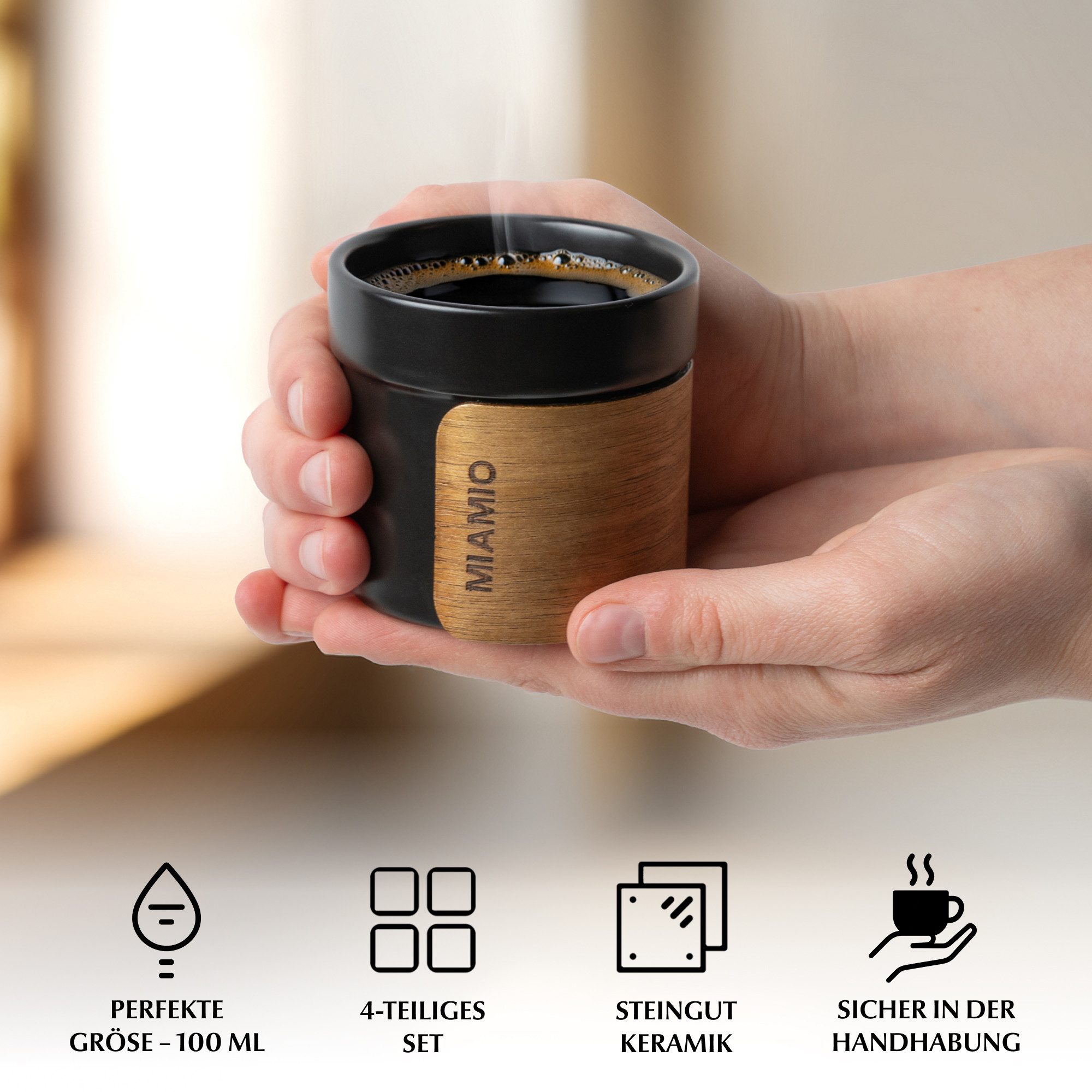 MiaMio Espressotasse ohne Henkel mit Holzmanschette, 100 ml, Schwarz, 4-tlg., Keramik – Bild 5 von 5