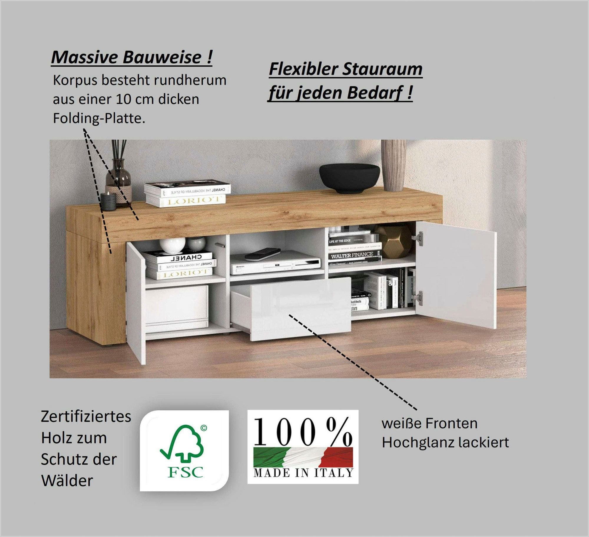 OTTO home Lowboard CHRONOS Breite 155 cm mit 2 Türen, 1 Schublade,1 offenes Fach (1 St), TV-Board, Sideboard niedrig, Grifflos mit Push to Open 'Made in Italy'