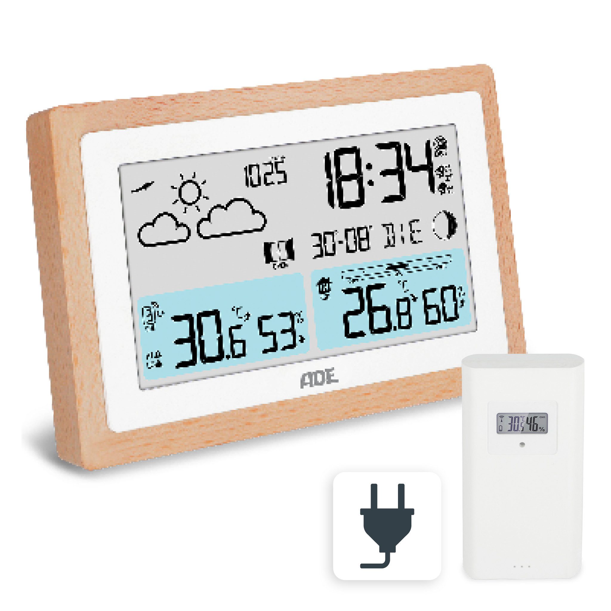 ADE Wetterstation mit Außensensor und Netzteil Funkwetterstation (Außensensor, Netzkabel, Wettervorhersage, Funkwecker, Kalender, Lüftungsempfehlung)