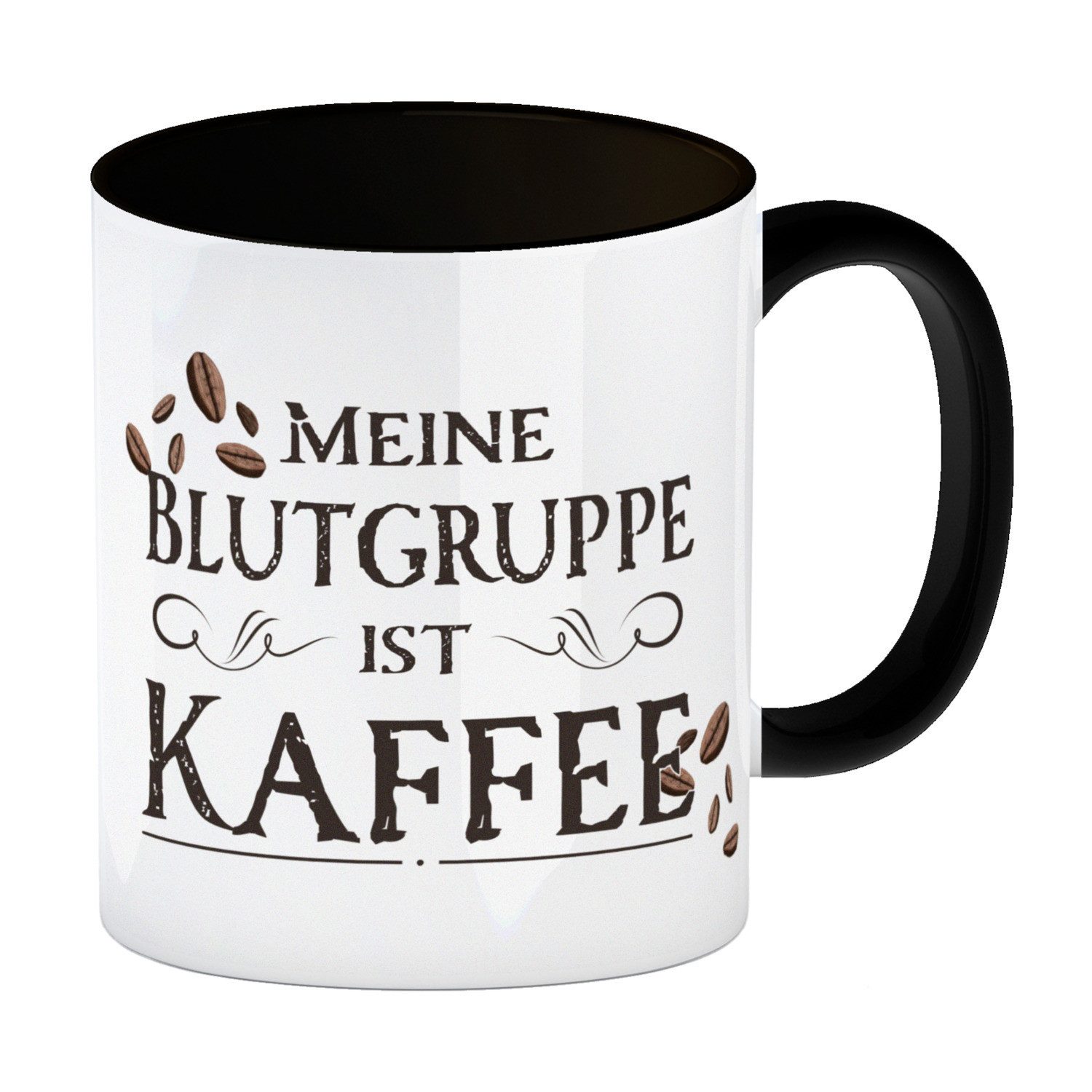Tasse Kaffeebecher Schwarz mit lustigem Motiv und Spruch Meine Blutgruppe