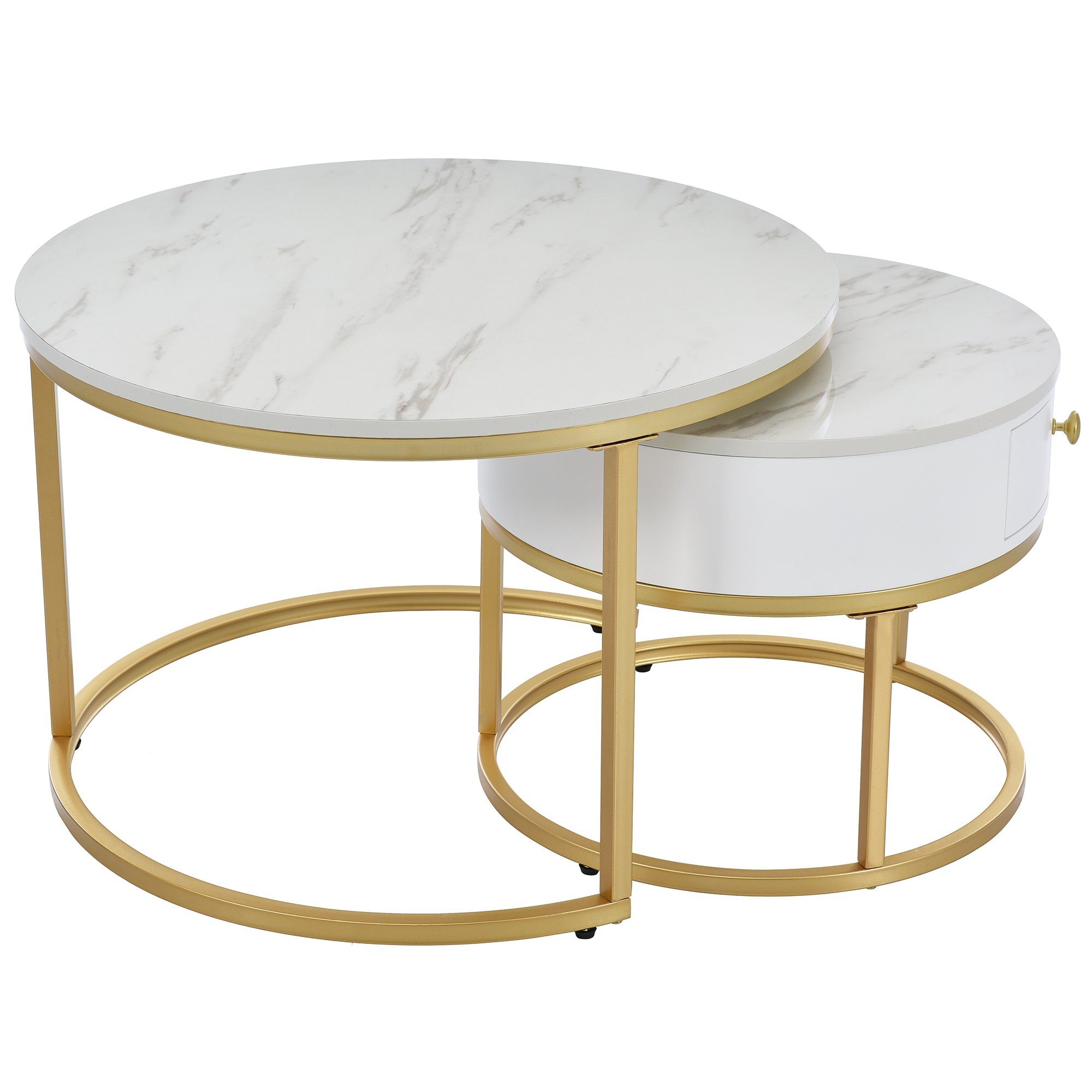 Couchtisch (2-St., Sofatische Satztische in hochglanz Marmoroptik), rund Beistelltisch ∅70x45cm ∅50x40cm, Gestell aus Metall