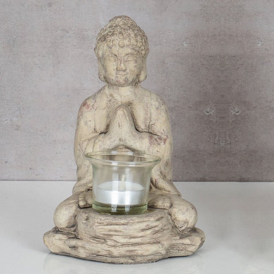 Levandeo® Teelichthalter, Teelichthalter Buddha Figur Keramik 19cm hoch  Grau Tischdeko