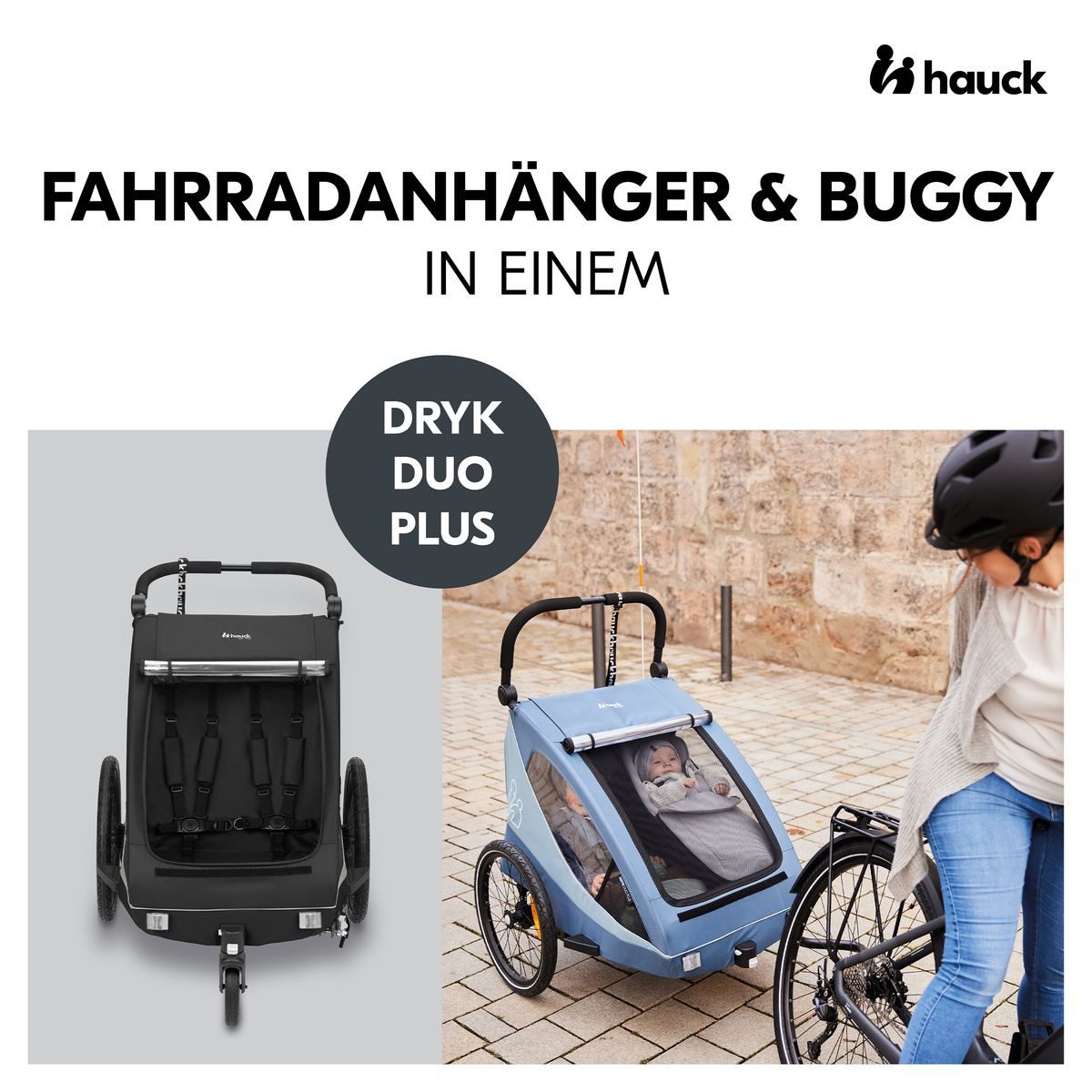 Hauck Fahrradkinderanhänger Dryk Duo Plus - Black, Fahrradanhänger Buggy für 2 Kinder mit Regen-& Sonnenschutz bis 44 kg