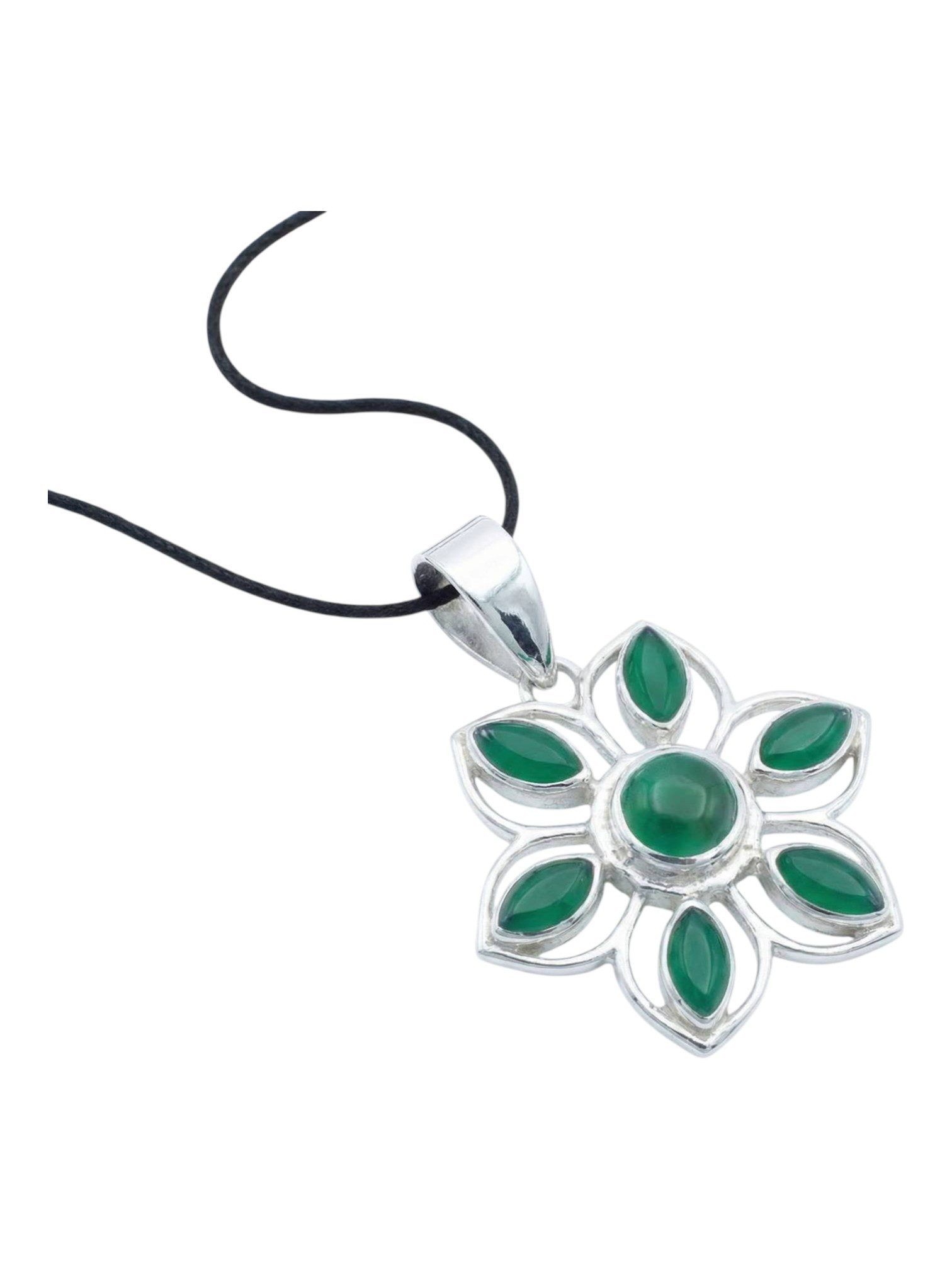 mantraroma Kettenanhänger MONGIRI aus 925 Silber mit grünen Onyx (Kettenanhänger am Baumwollband im Schmuckbeutel), 925 Sterling Silber Kettenanhänger für Damen