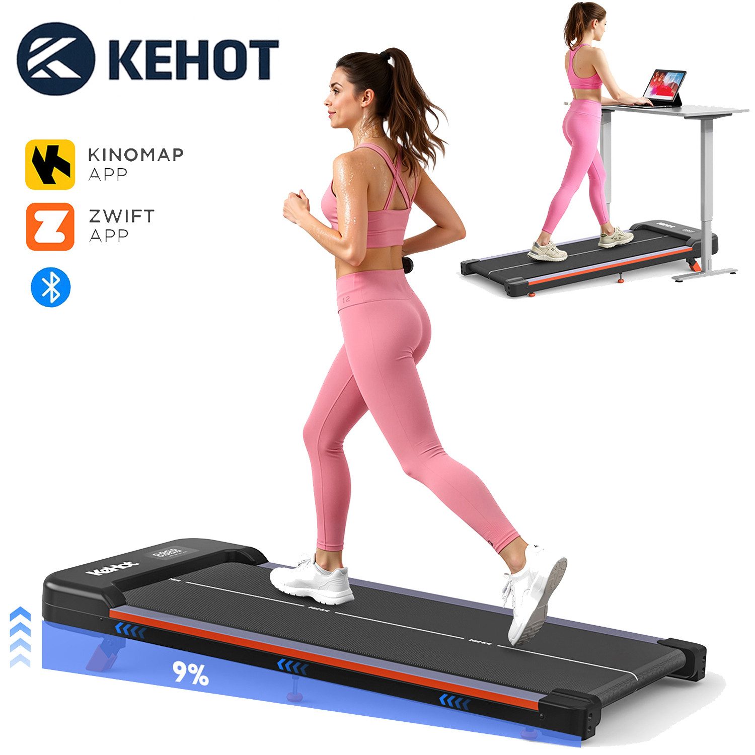 kehot Laufband Flaches WalkingPad mit 9% Steigung & Leisem Motor für Home & Office (Kompakte Laufplatte mit 1–6 km/h,Bluetooth-APP,Gelenkschonendem Design, 38×94 cm Lauffläche, LED-Display für Zeit, Distanz, Kalorien & Tempo), Stabile Konstruktion bis 100 kg,ideal zum Gehen unter dem Schreibtisch