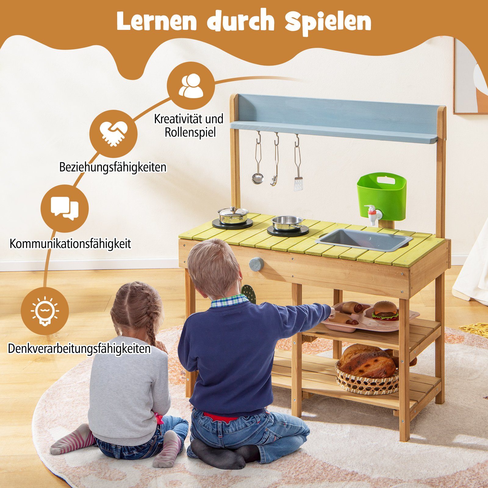 COSTWAY Outdoor-Spielküche Kinderküche Holz, mit Stauraum, günstig online kaufen