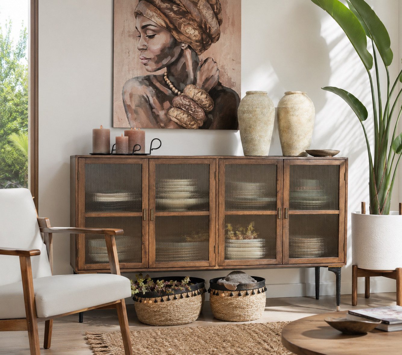 Chic Antique Vitrine Vintage Sideboard Antoine Holz Metall gerippte Front