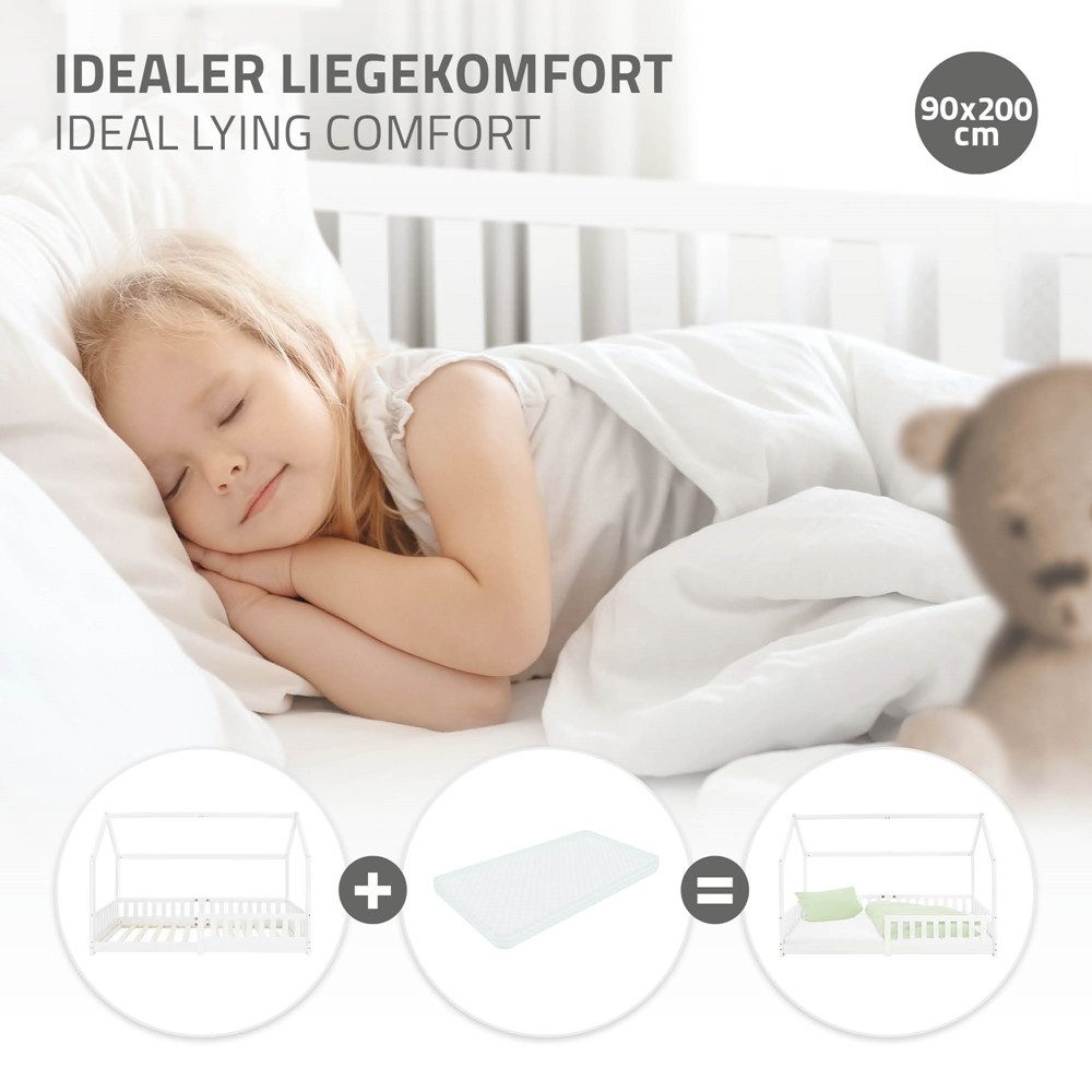 ML-DESIGN Spielbett Hausbett Kinderbett inkl. Lattenrost kreativ Bodenbett für Kinder, Abenteuerbett zum Spielen mit Rausfallschutz Kiefer Weiß Himmelbett – Bild 4 von 5