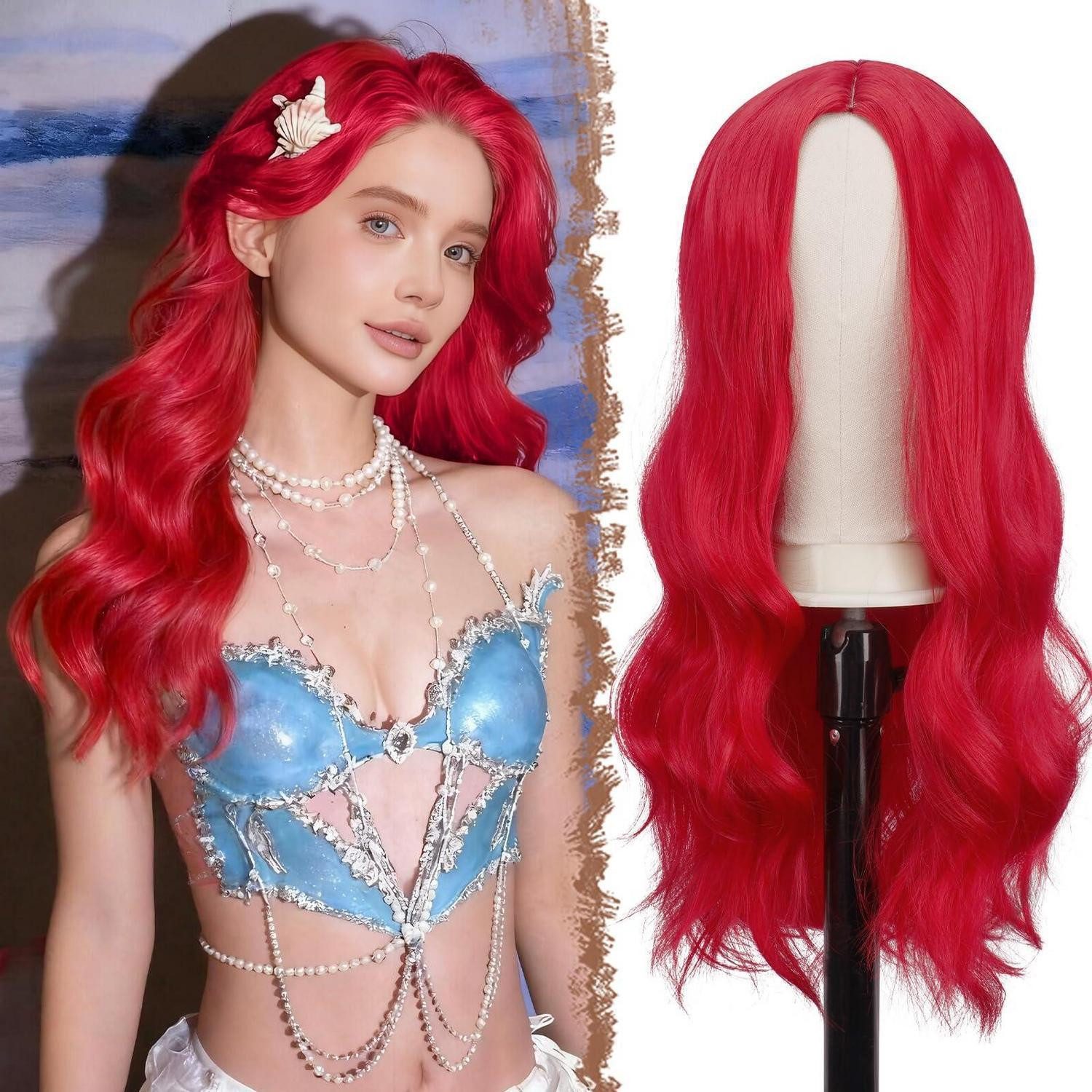 LuxusKollektion Kunsthaarperücke Perücke lange Locken Mittelscheitel synthetische Damen Party Rot 60 cm
