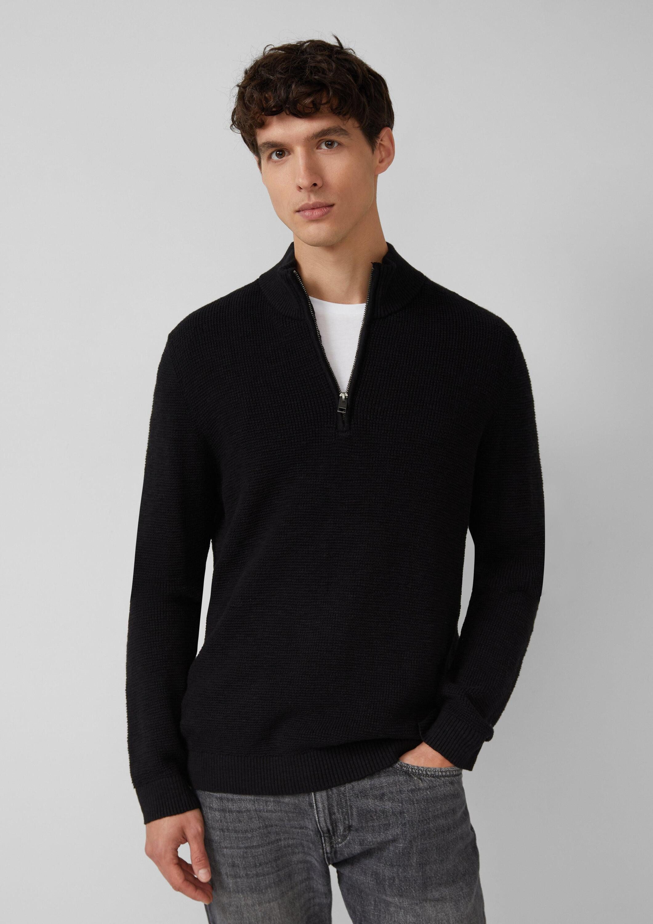 s.Oliver Longpullover Strickpullover Baumwoll-Pullover mit Struktur und Troyer-Kragen