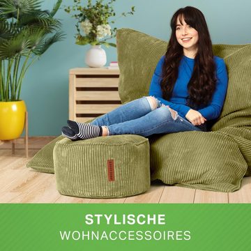 Green Bean Sitzsack Square Cord + Pouf (Sitzsack + Pouf im Set - XXL Riesensitzsack mit passenden Fußhocker, EPS Füllung), Bean Bag Bodenkissen Liegekissen Sitzkissen Indoor Drinnen Waschbar