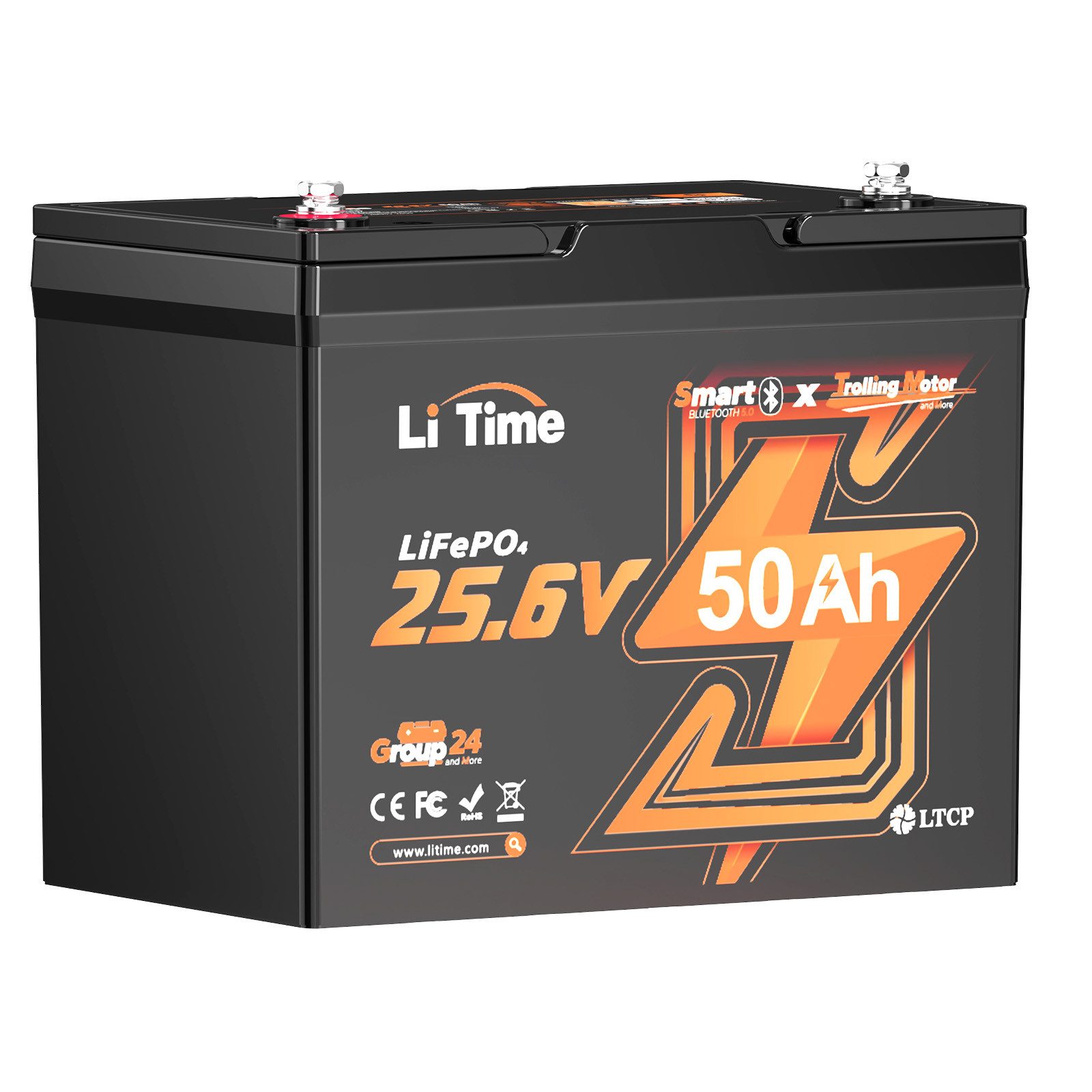 LiTime 24V 50Ah Deep Cycle Lithium Batterie mit Bluetooth und BMS Solarakkus, Geeignet für 100lb Elektromotor-Boote
