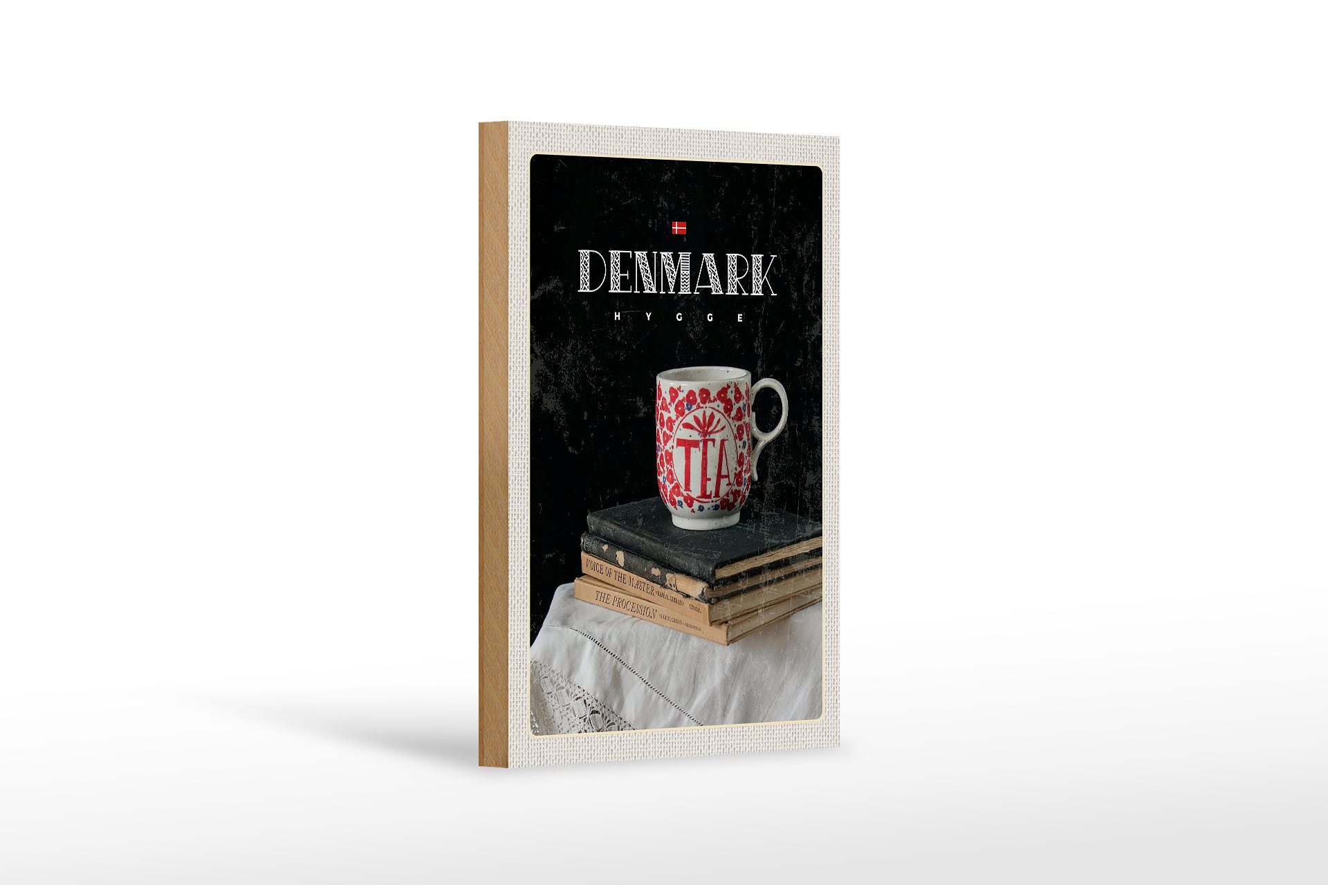 Holzbild Reise 12x18 cm Dänemark Teetasse Bücher Tischdecke