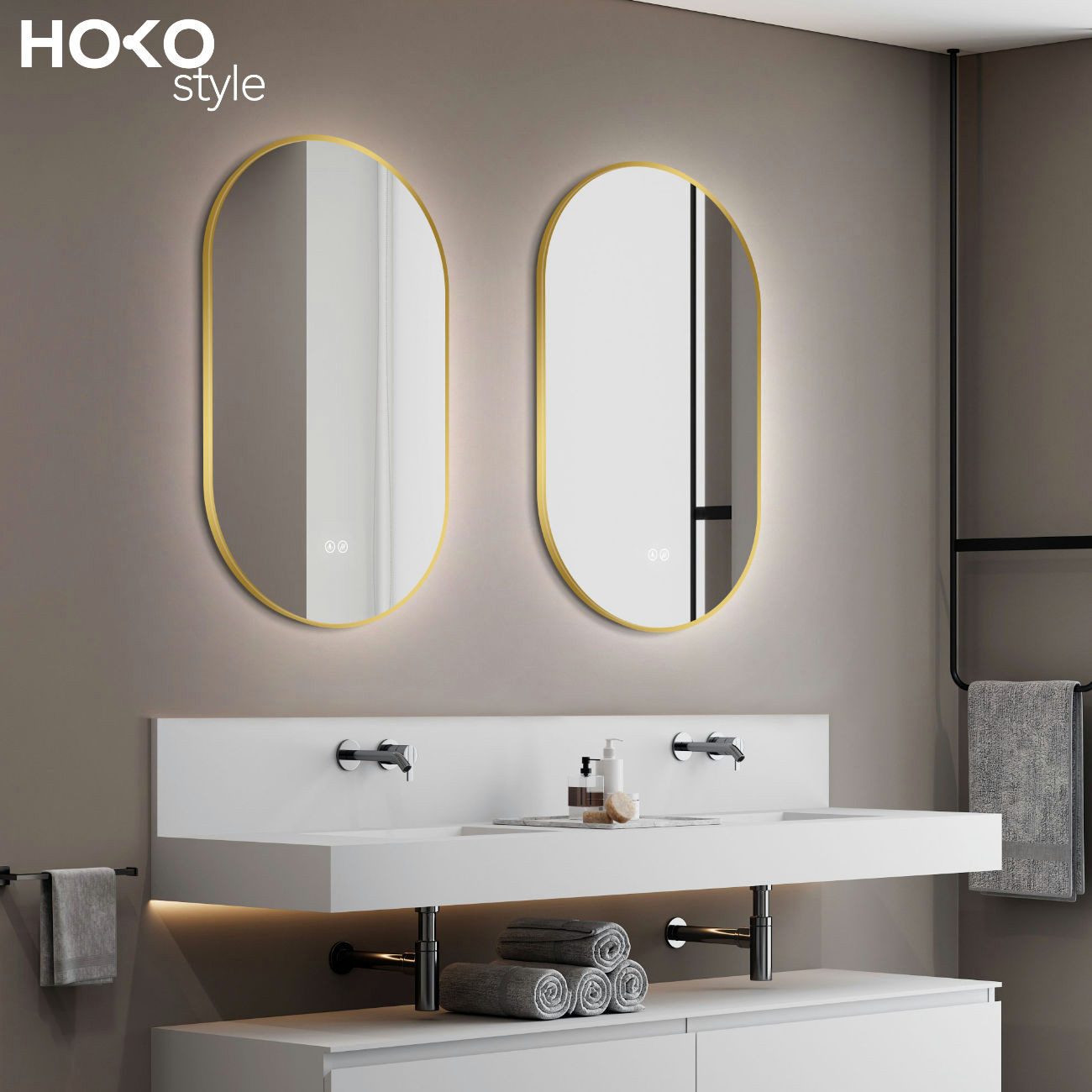 HOKO Badspiegel mit beleuchtung+Antifog, Oval Schwarz / Gold+45x75 /50x90 / 60x100 cm (Antifog + Licht Wechsel-Warmweiß - Kaltweiß - Neutral. Licht mit Touch Schalter und mit Wandschalter einschaltbar. Memory-Funktion.IP44, 4mm HD Glass.Farbtemperatur stufenlos einstellen 2700K-6500K, Energiesparend LED beleuchtet)