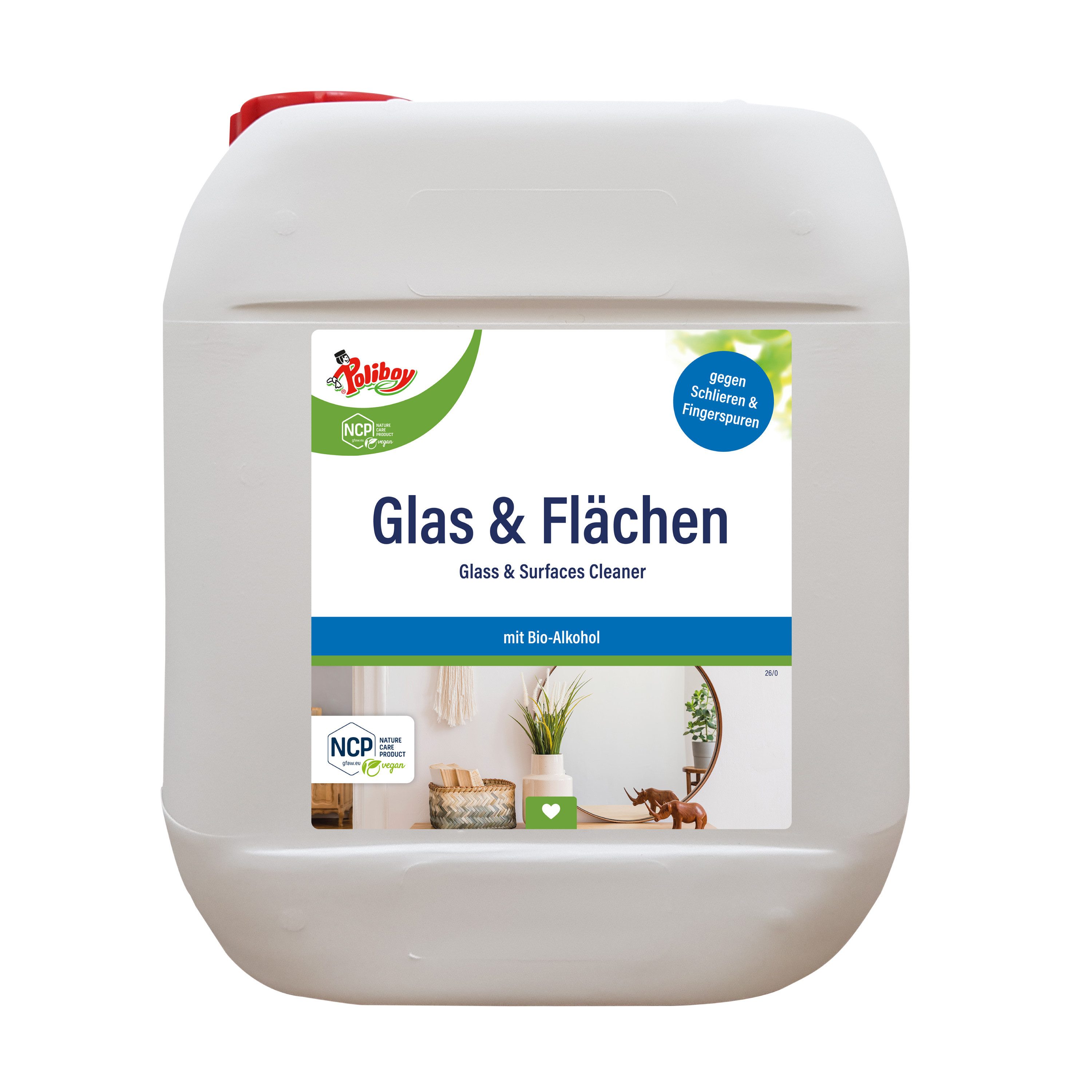 poliboy NCP Glas- & Flächen Reiniger - 5l Kanister - streifenfreie Reinigung Glasreiniger (zur einfachen Reinigung von spiegelnden Oberflächen - Made in Germany)