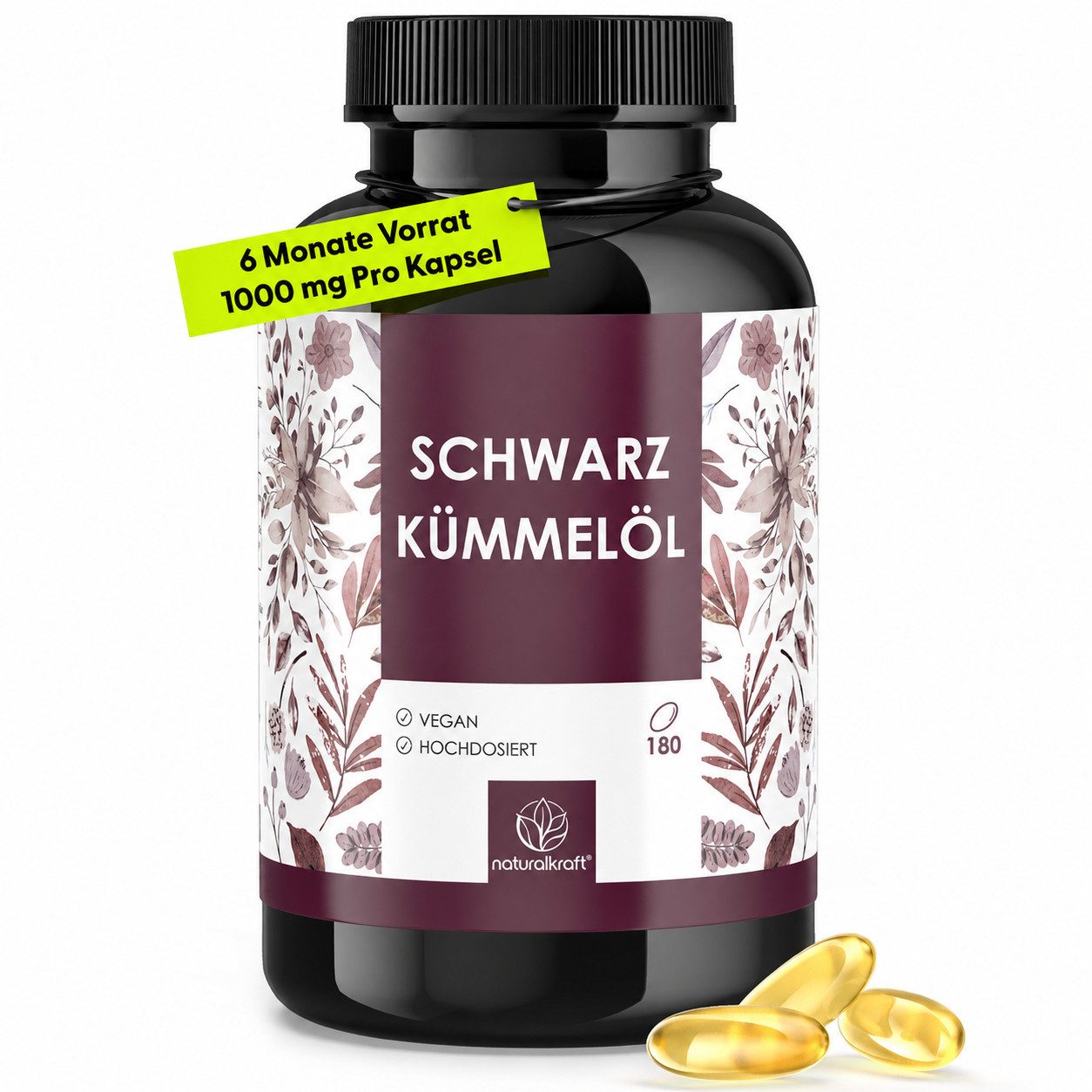 Naturalkraft Premium Schwarzkümmelöl Kapseln Täglich 1 Weichkapsel mit ausreichend Flüssigkeit einnehmen. Nahrungsergänzungsmittel sollten nicht als Ersatz für eine ausgewogene und abwechslungsreiche Ernährung verwendet werden., 236 g