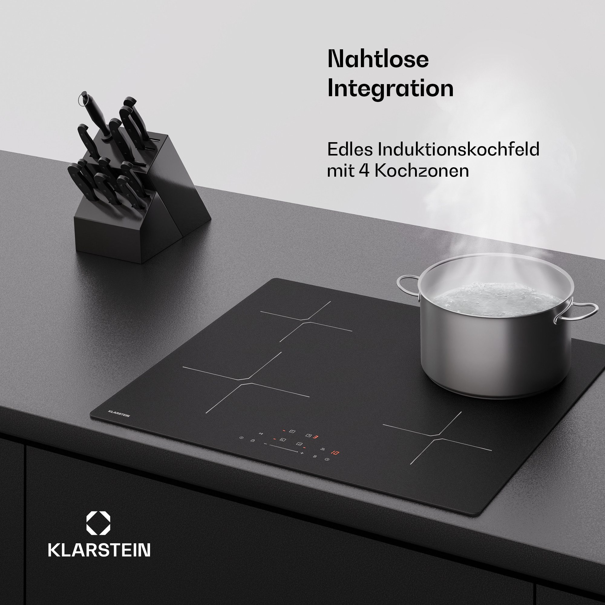 Klarstein Induktions-Kochfeld Powerglide, Induktionskochfeld Kratzfeste Oberfäche 4 Kochzonen 7400 W 60 cm